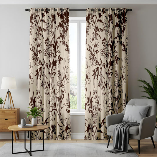 Onay Vintage Brown Floral Silhouette Curtains – Beige Botanical Vine Drapes