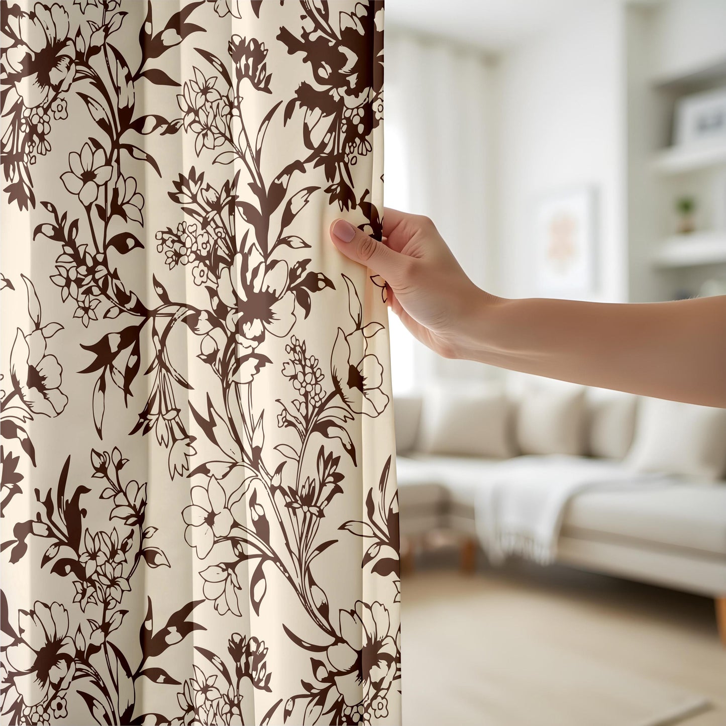 Onay Vintage Brown Floral Silhouette Curtains – Beige Botanical Vine Drapes