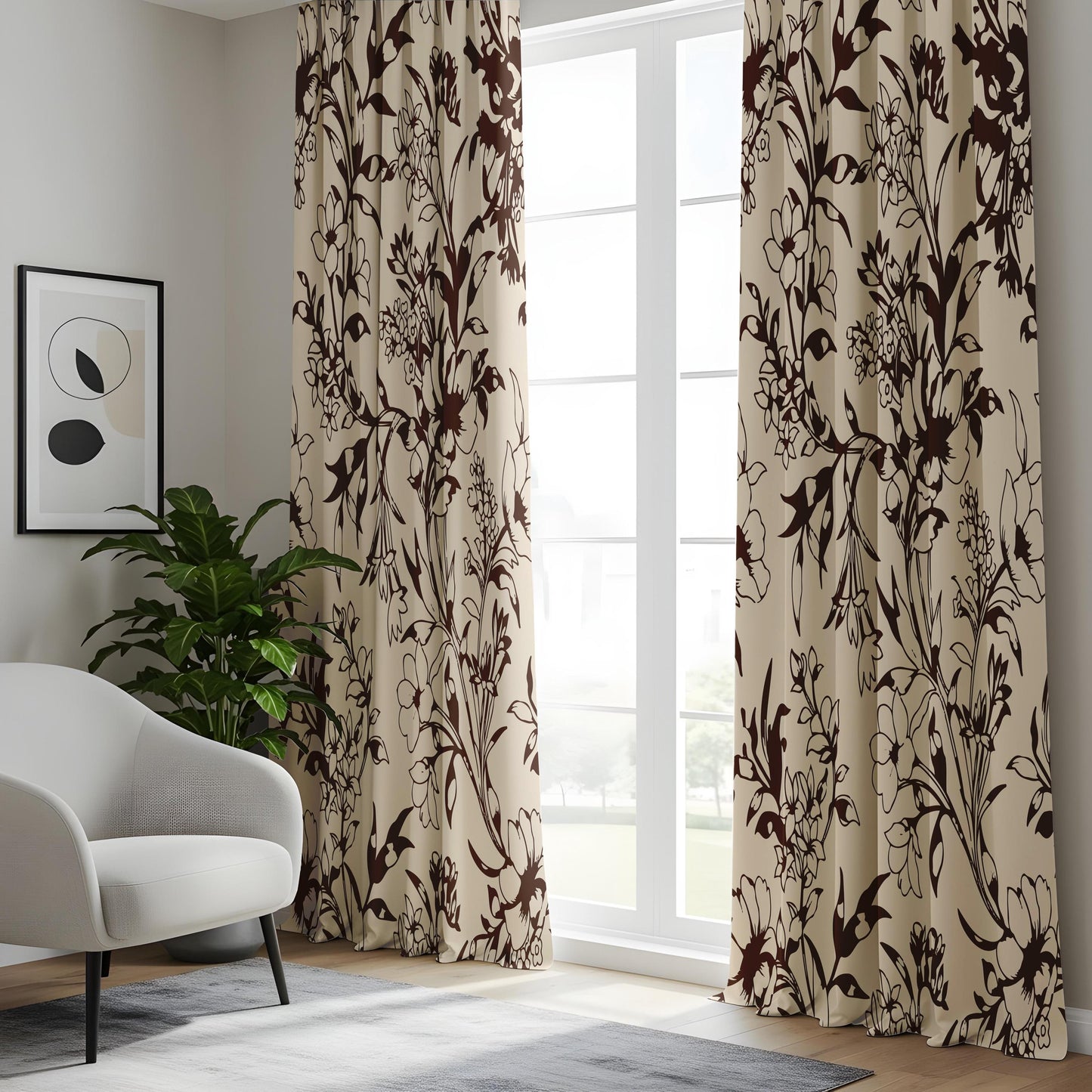 Onay Vintage Brown Floral Silhouette Curtains – Beige Botanical Vine Drapes