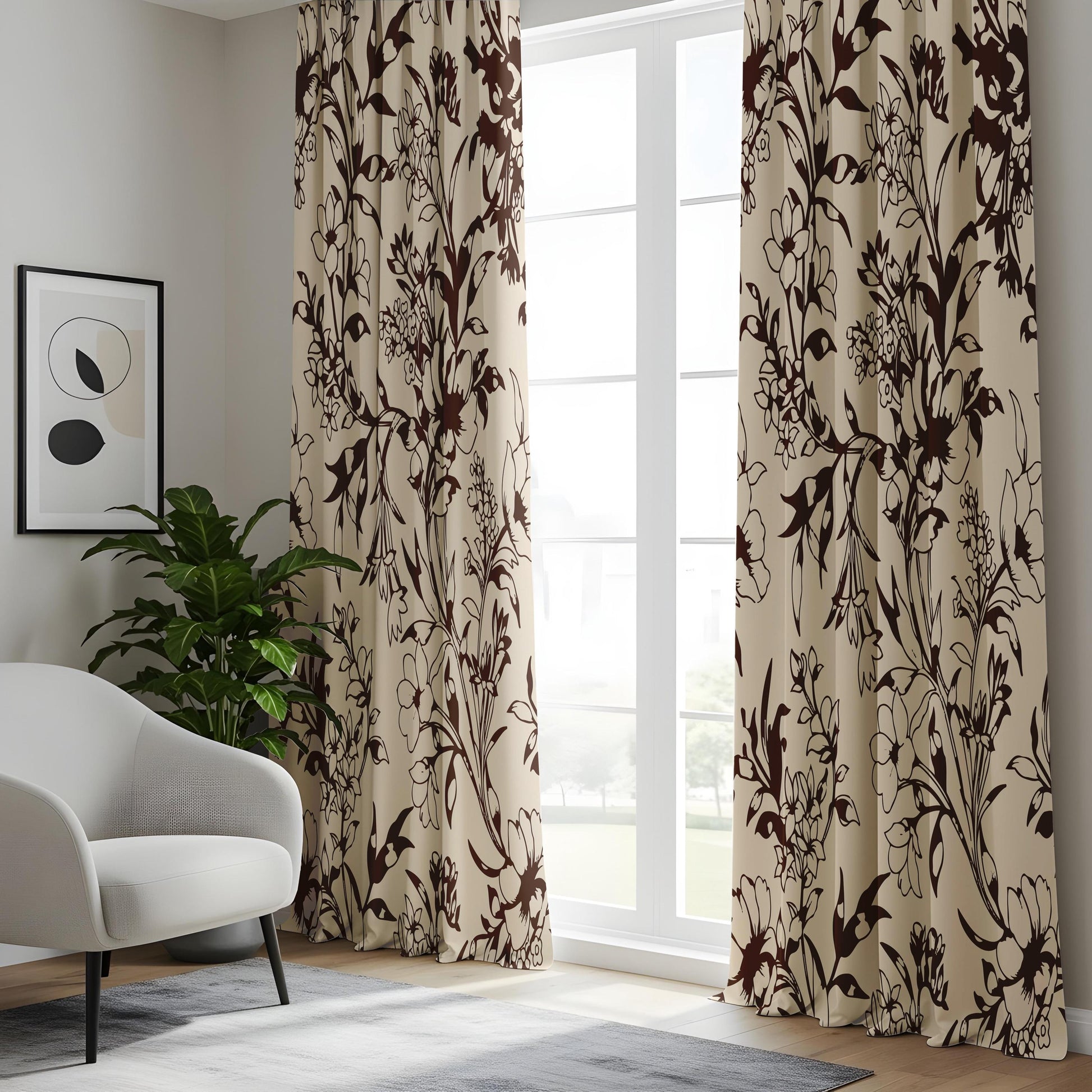 Onay Vintage Brown Floral Silhouette Curtains – Beige Botanical Vine Drapes