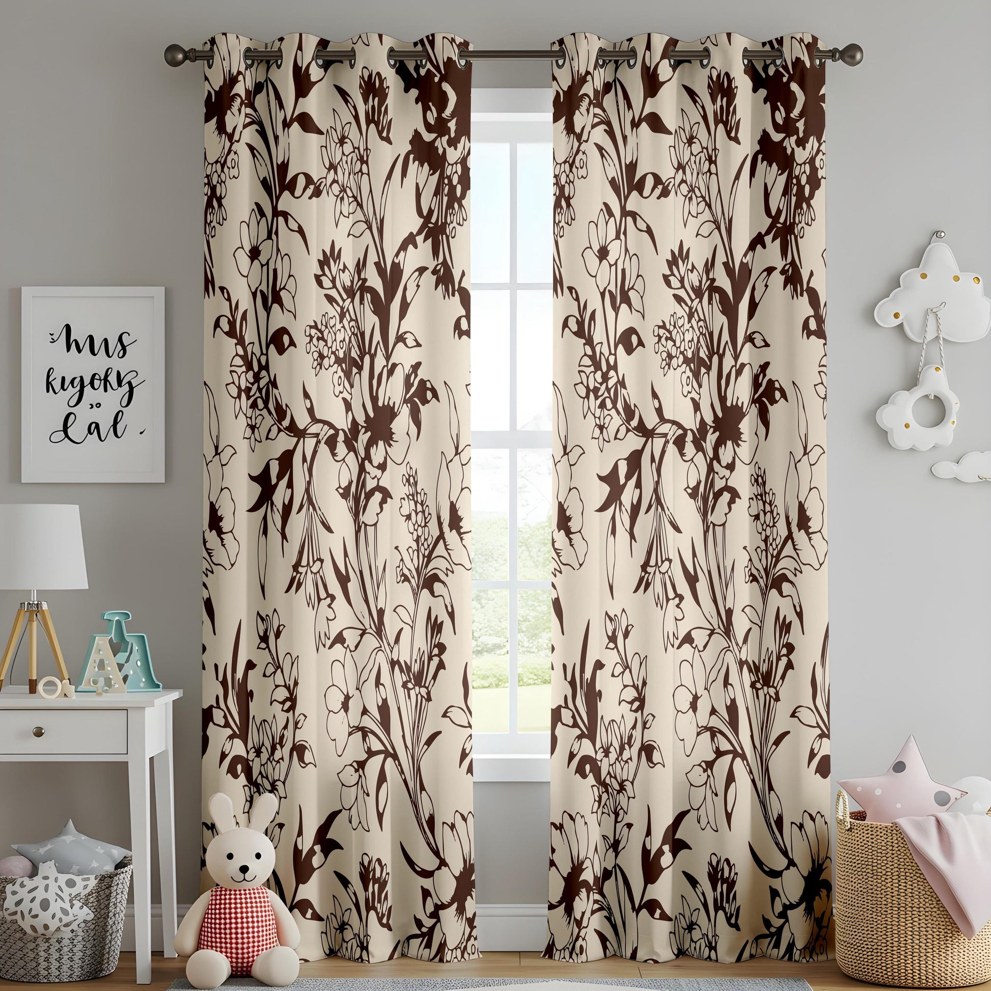 Onay Vintage Brown Floral Silhouette Curtains – Beige Botanical Vine Drapes