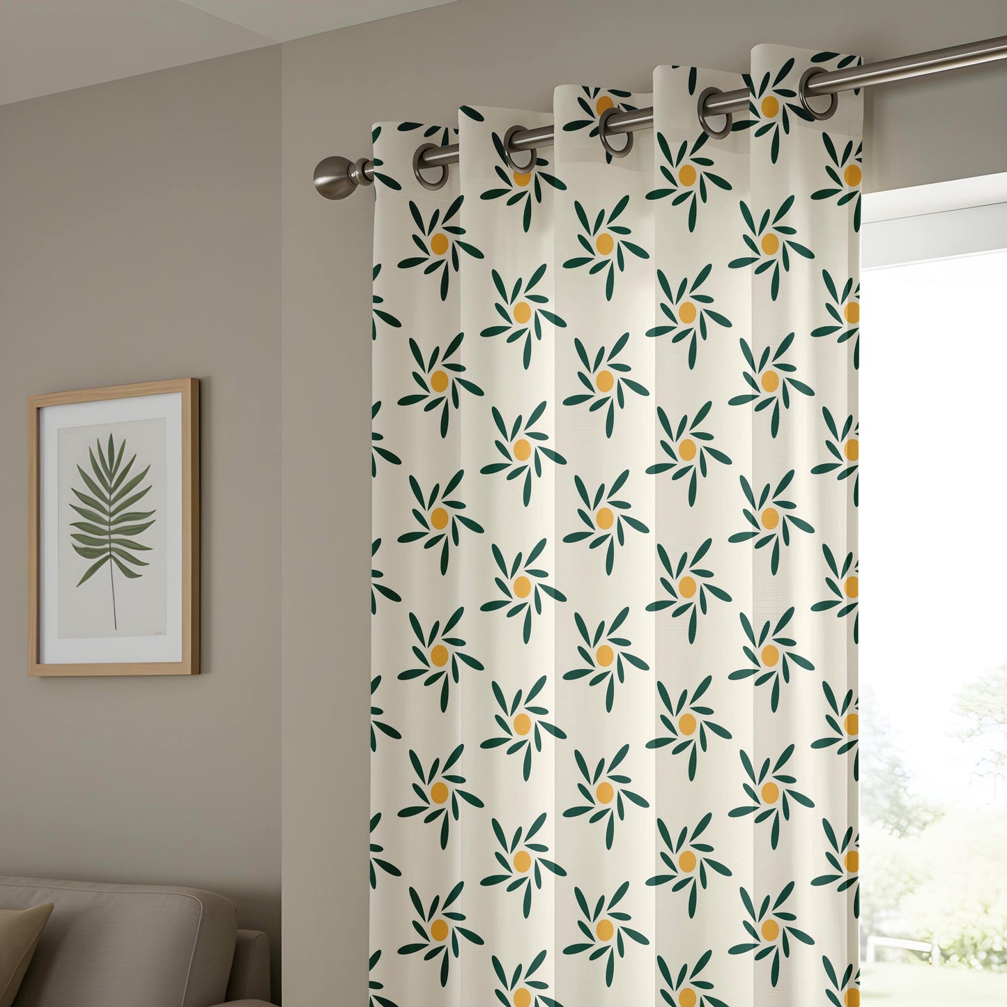 Onay Mid Century Modern Floral Curtains – Green Mustard Retro Sunburst Drapes