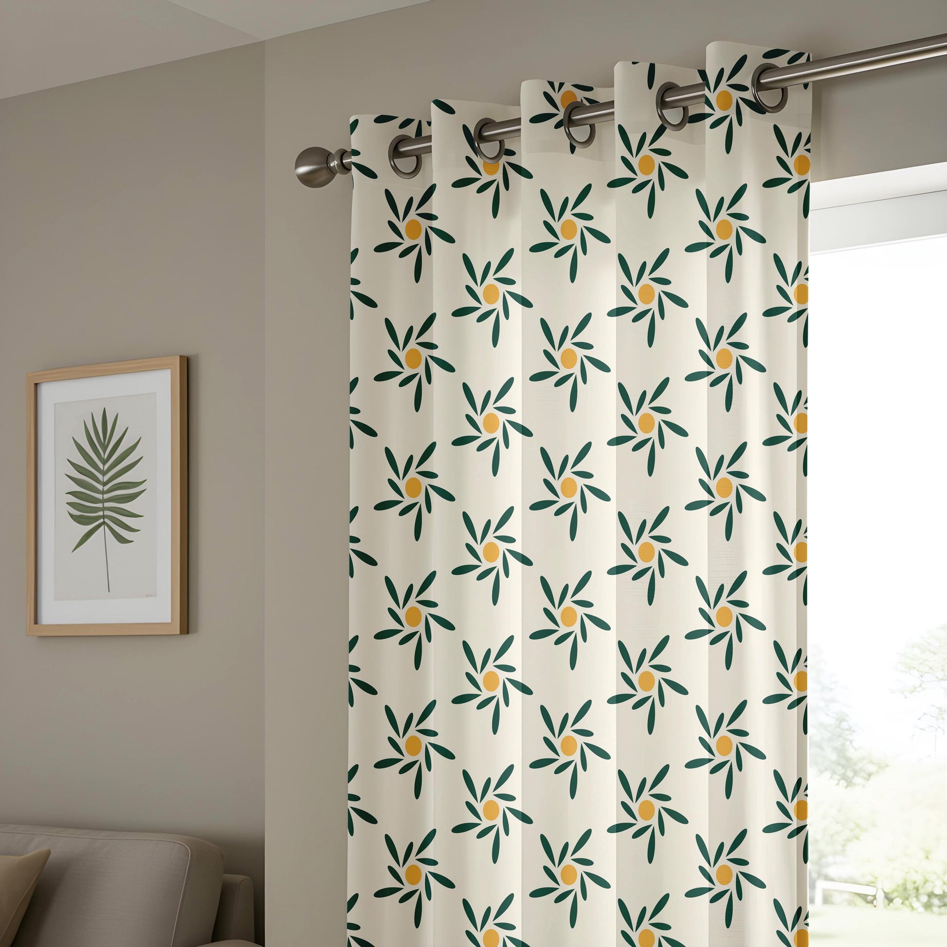 Onay Mid Century Modern Floral Curtains – Green Mustard Retro Sunburst Drapes