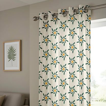 Onay Mid Century Modern Floral Curtains – Green Mustard Retro Sunburst Drapes