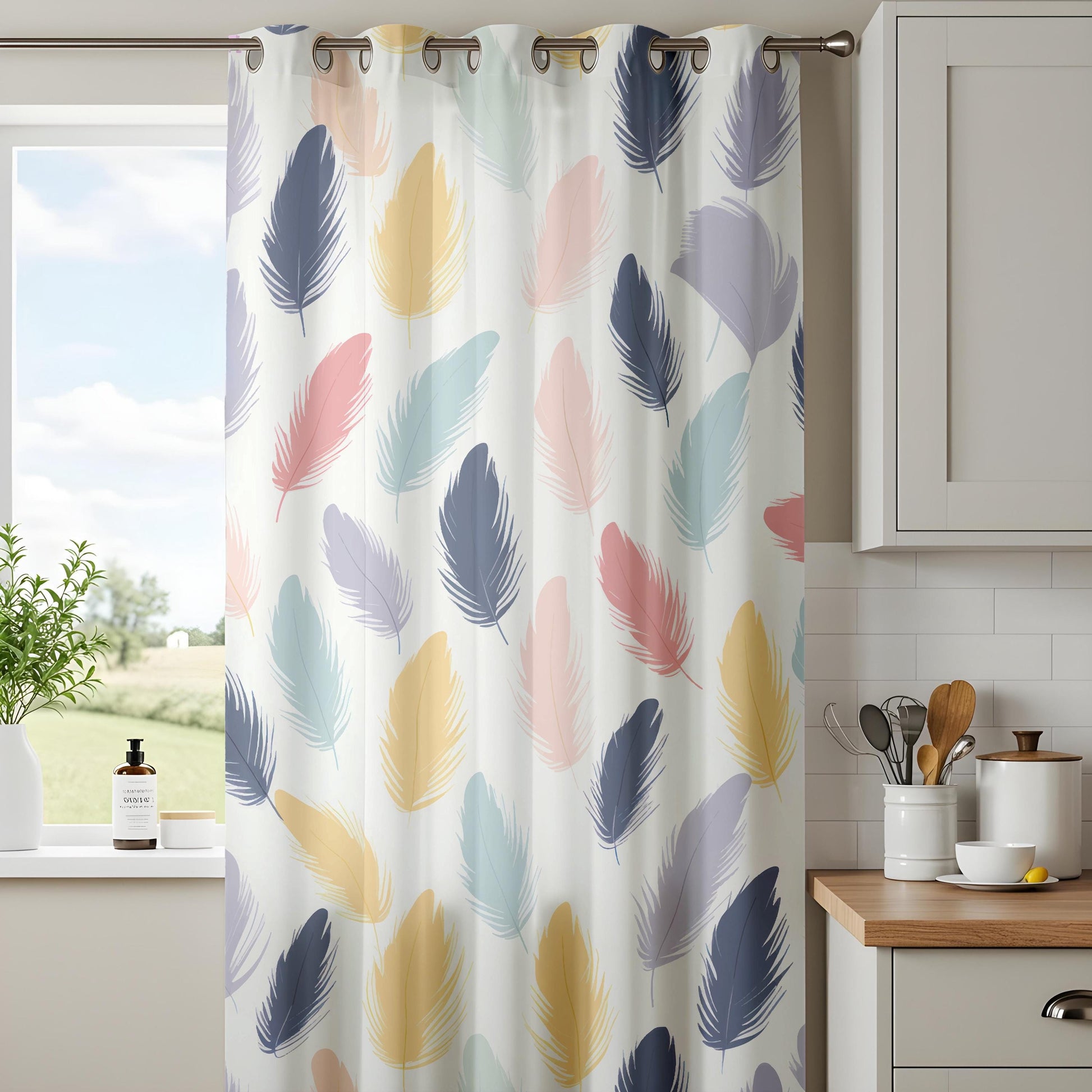 Onay Pastel Feather Print Curtains – Colorful Boho Window Drapes