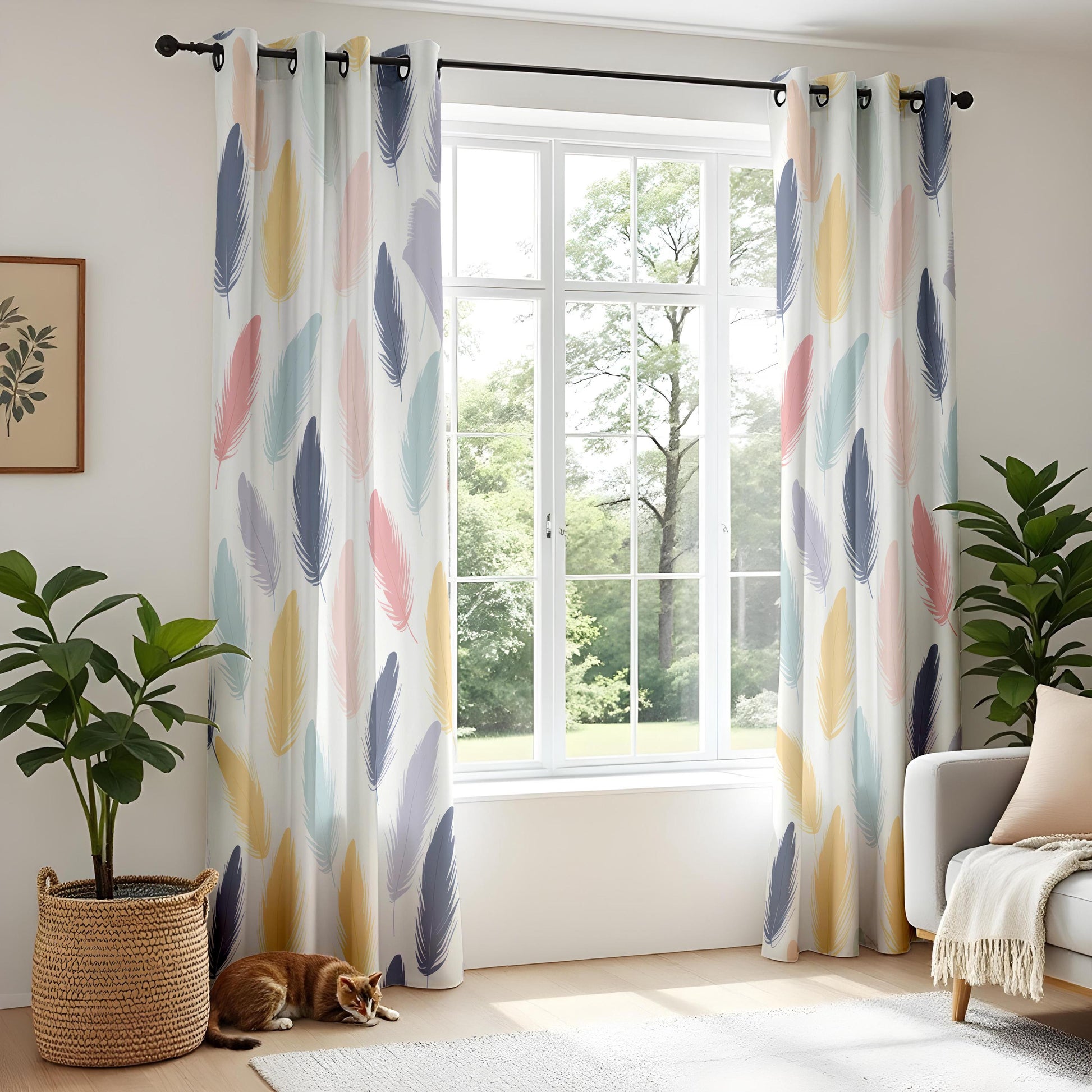 Onay Pastel Feather Print Curtains – Colorful Boho Window Drapes