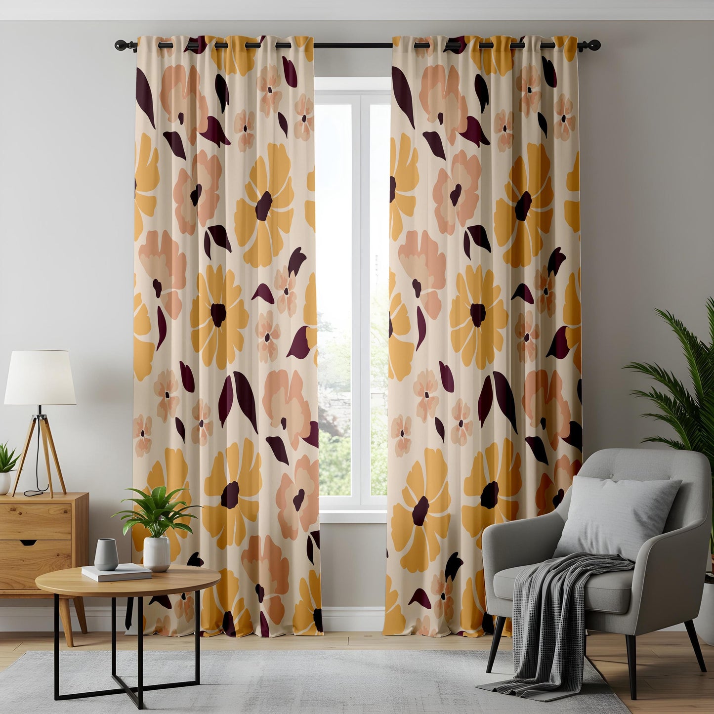 Onay Retro Mustard Floral Curtains – Mid Century Modern Flower Drapes