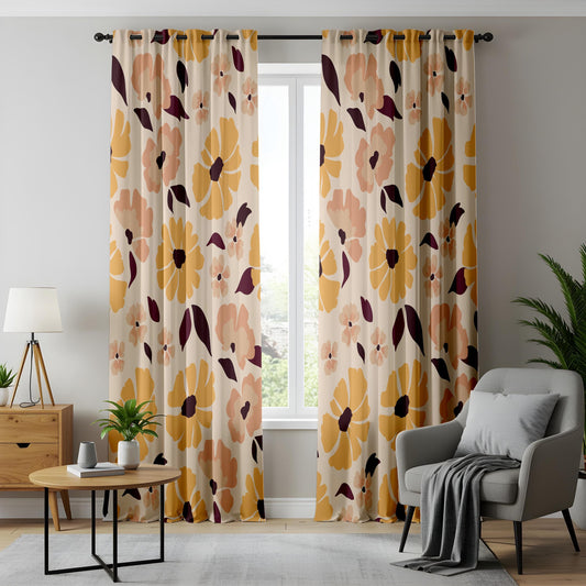 Onay Retro Mustard Floral Curtains – Mid Century Modern Flower Drapes