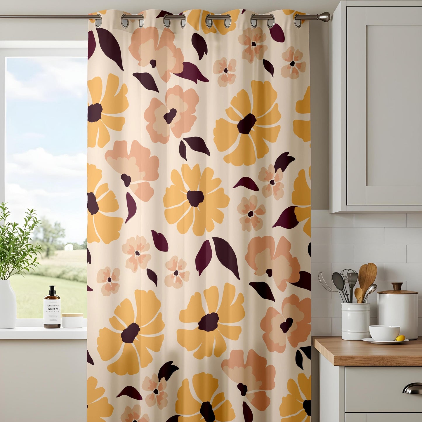 Onay Retro Mustard Floral Curtains – Mid Century Modern Flower Drapes