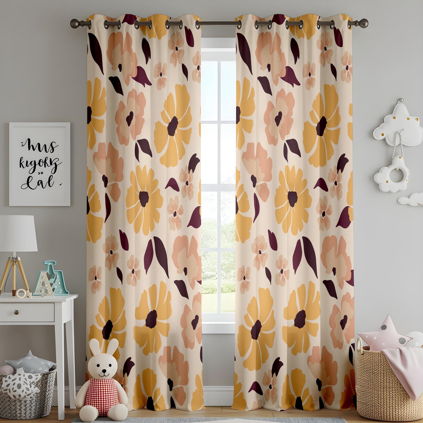 Onay Retro Mustard Floral Curtains – Mid Century Modern Flower Drapes