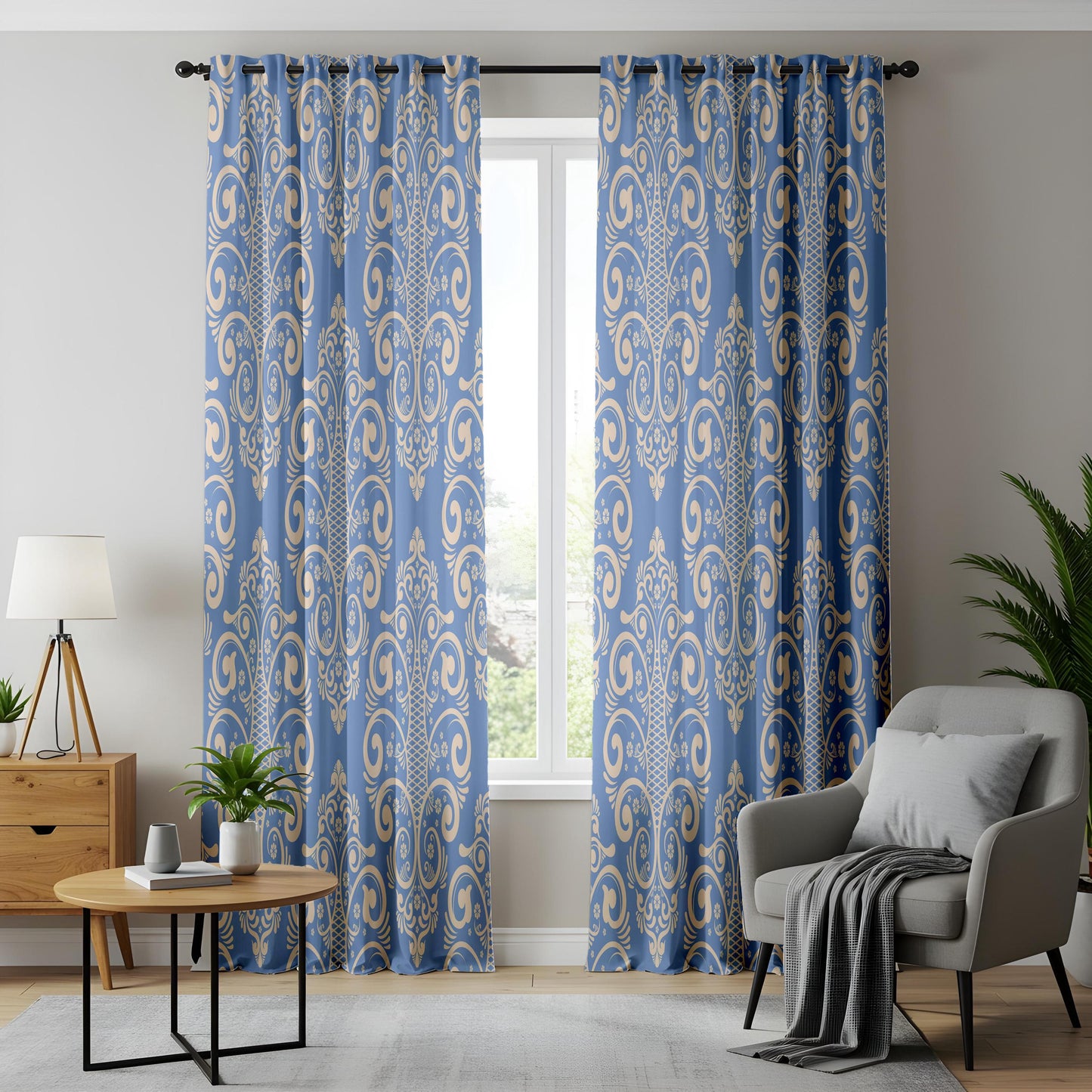 Onay French Blue Damask Curtains – Classic Victorian Medallion Drapes