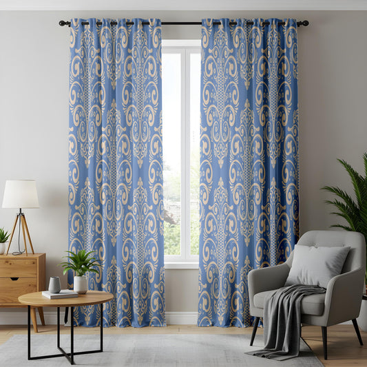 Onay French Blue Damask Curtains – Classic Victorian Medallion Drapes