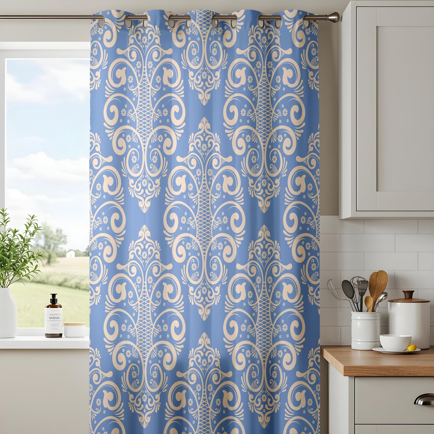 Onay French Blue Damask Curtains – Classic Victorian Medallion Drapes