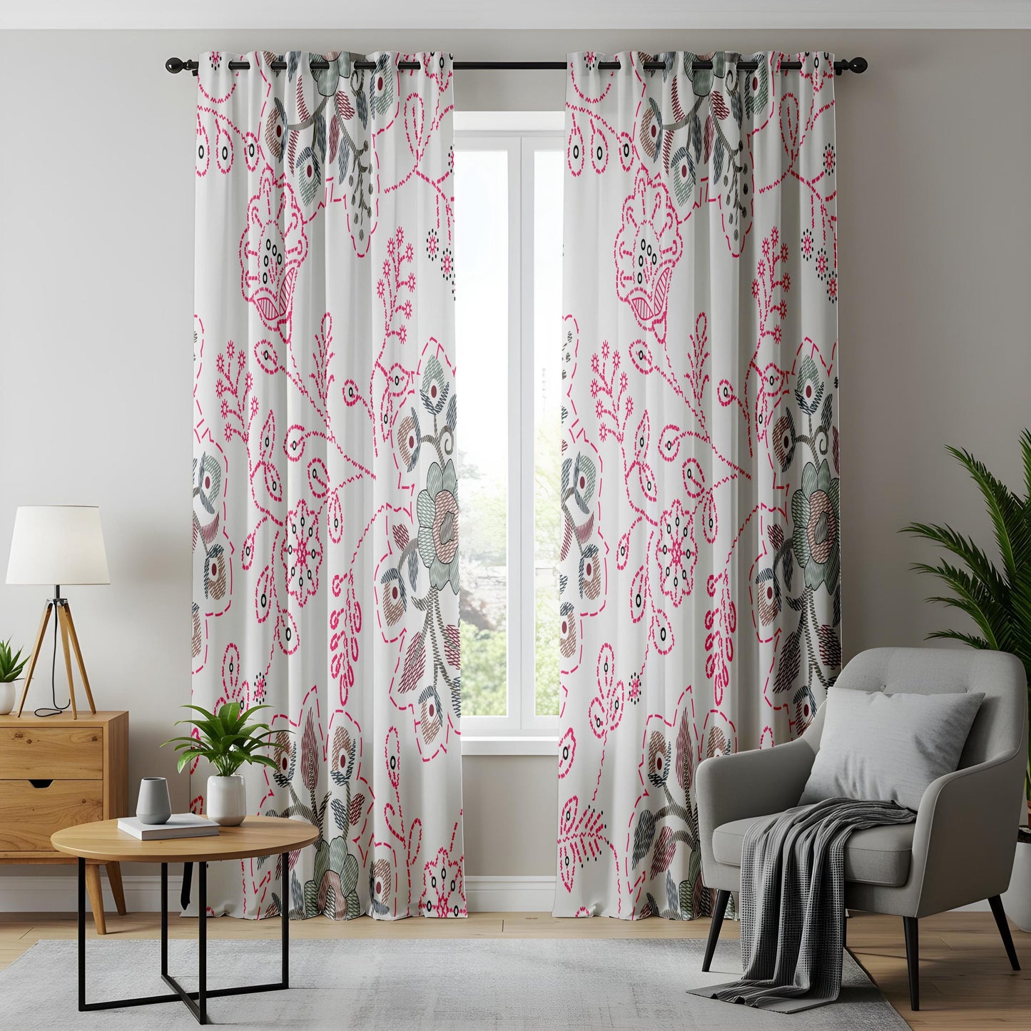 Onay Pink Suzani Floral Curtains – Embroidered Look Folk Art Drapes