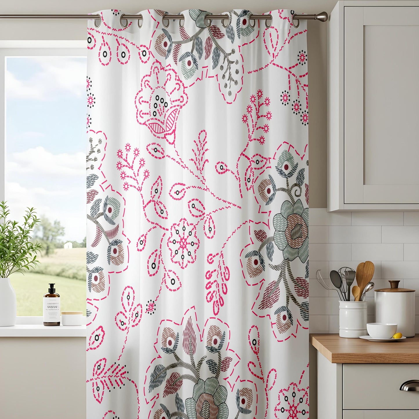 Onay Pink Suzani Floral Curtains – Embroidered Look Folk Art Drapes