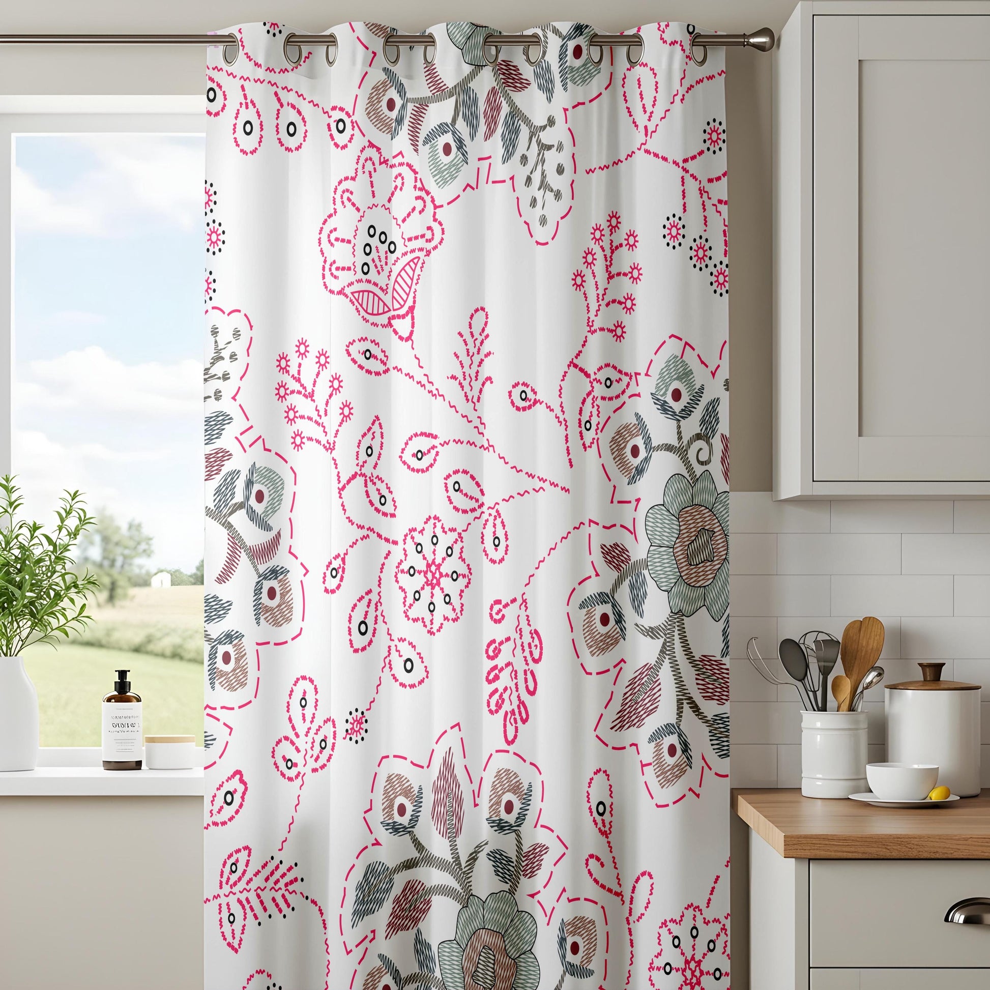 Onay Pink Suzani Floral Curtains – Embroidered Look Folk Art Drapes