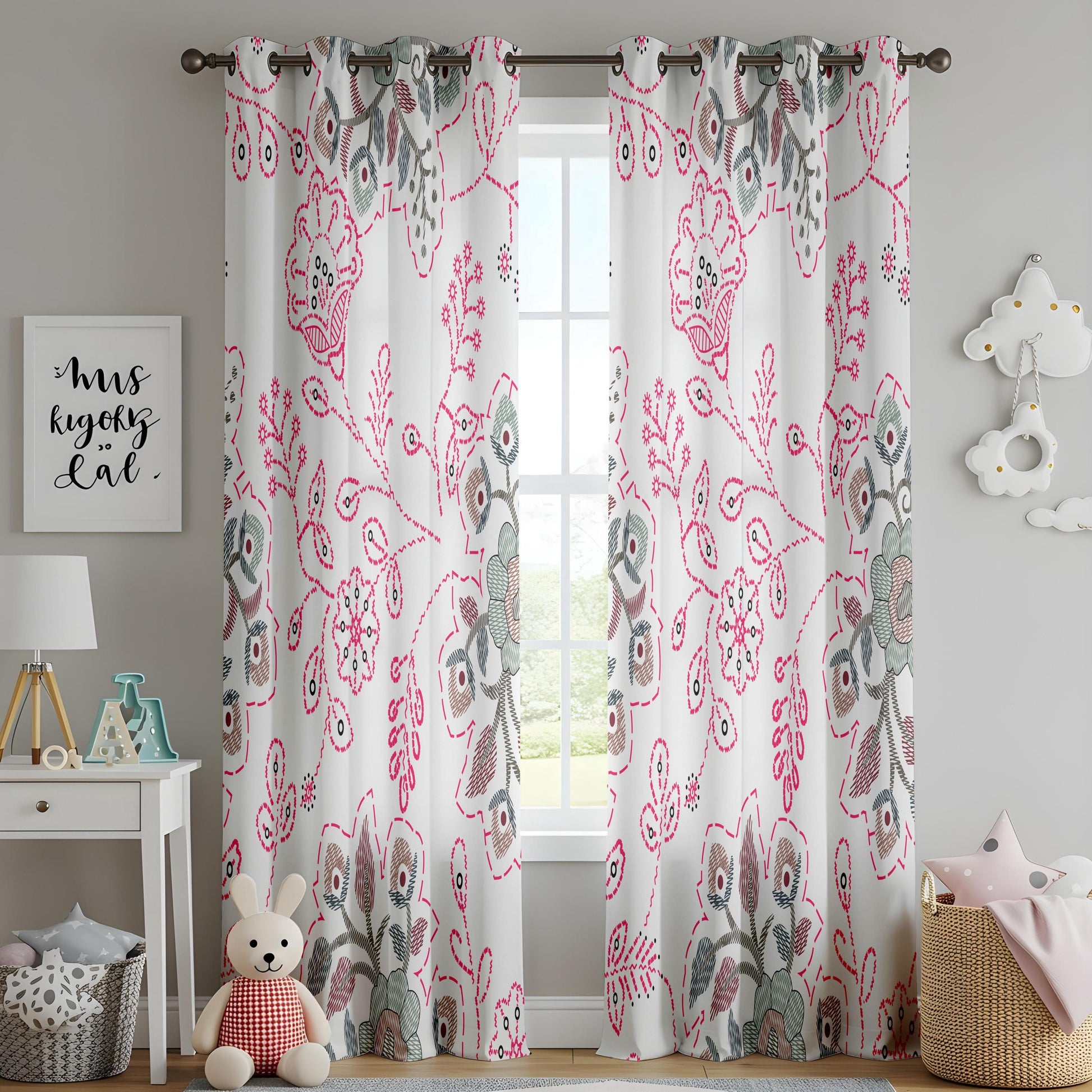 Onay Pink Suzani Floral Curtains – Embroidered Look Folk Art Drapes