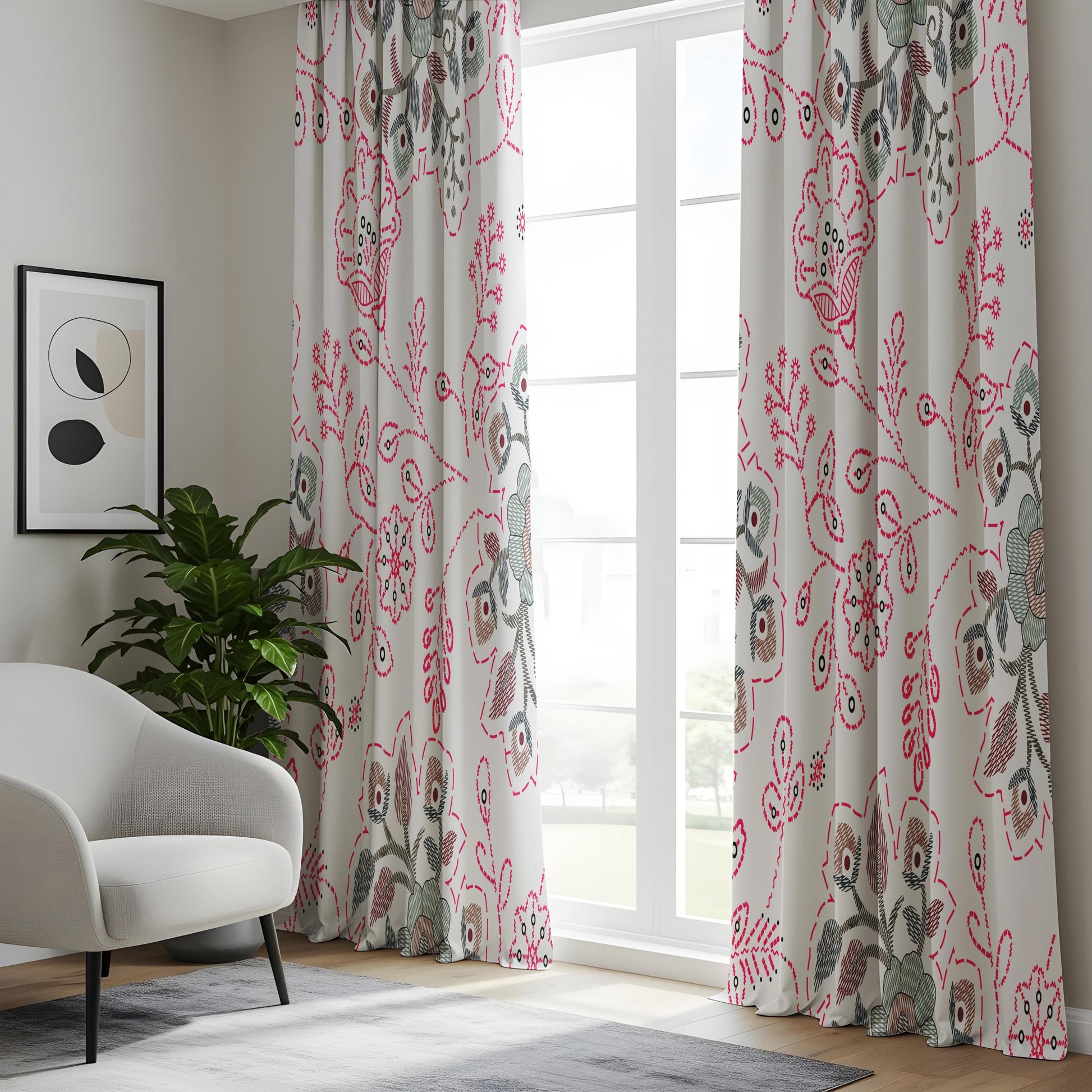 Onay Pink Suzani Floral Curtains – Embroidered Look Folk Art Drapes