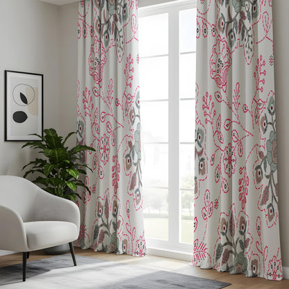 Onay Pink Suzani Floral Curtains – Embroidered Look Folk Art Drapes