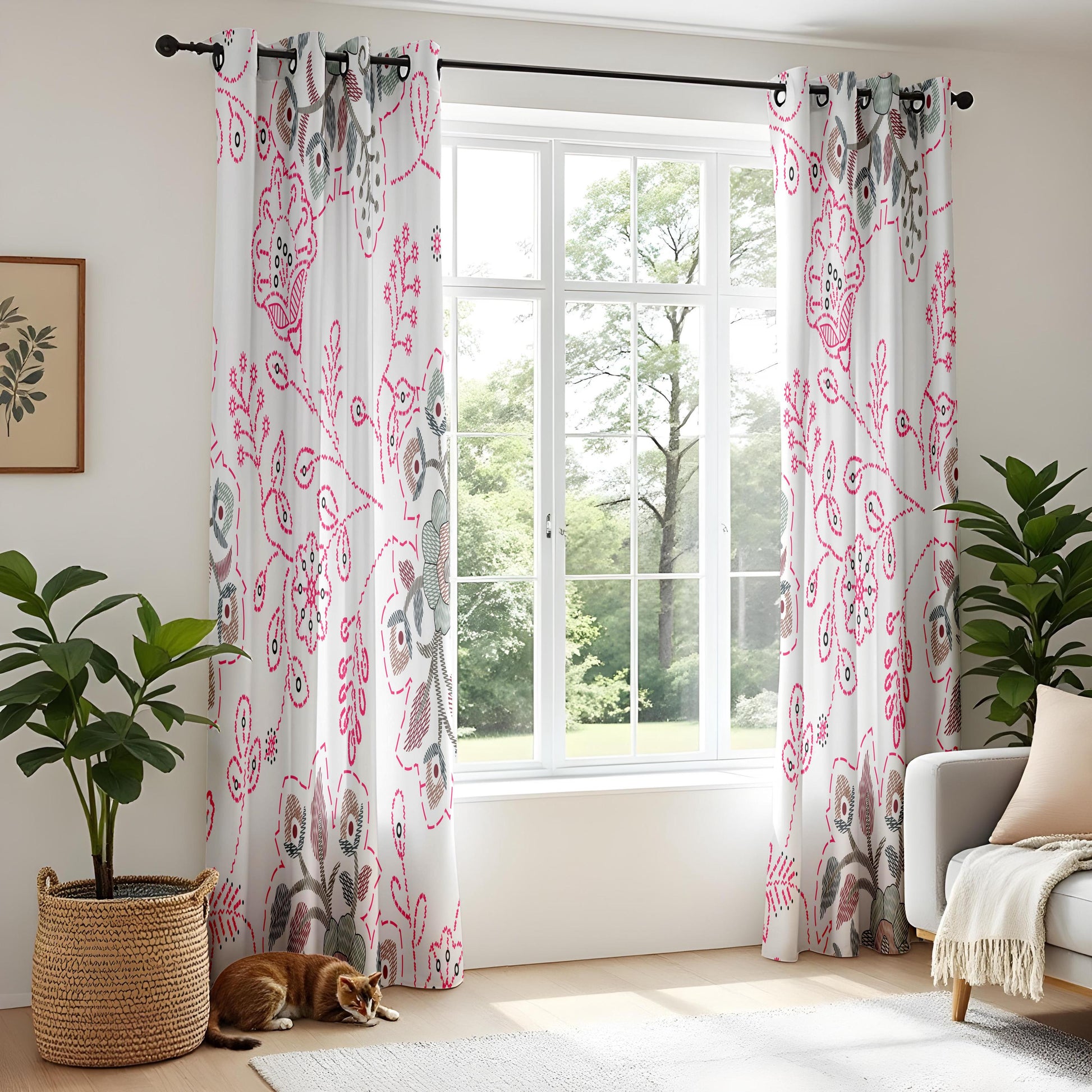 Onay Pink Suzani Floral Curtains – Embroidered Look Folk Art Drapes
