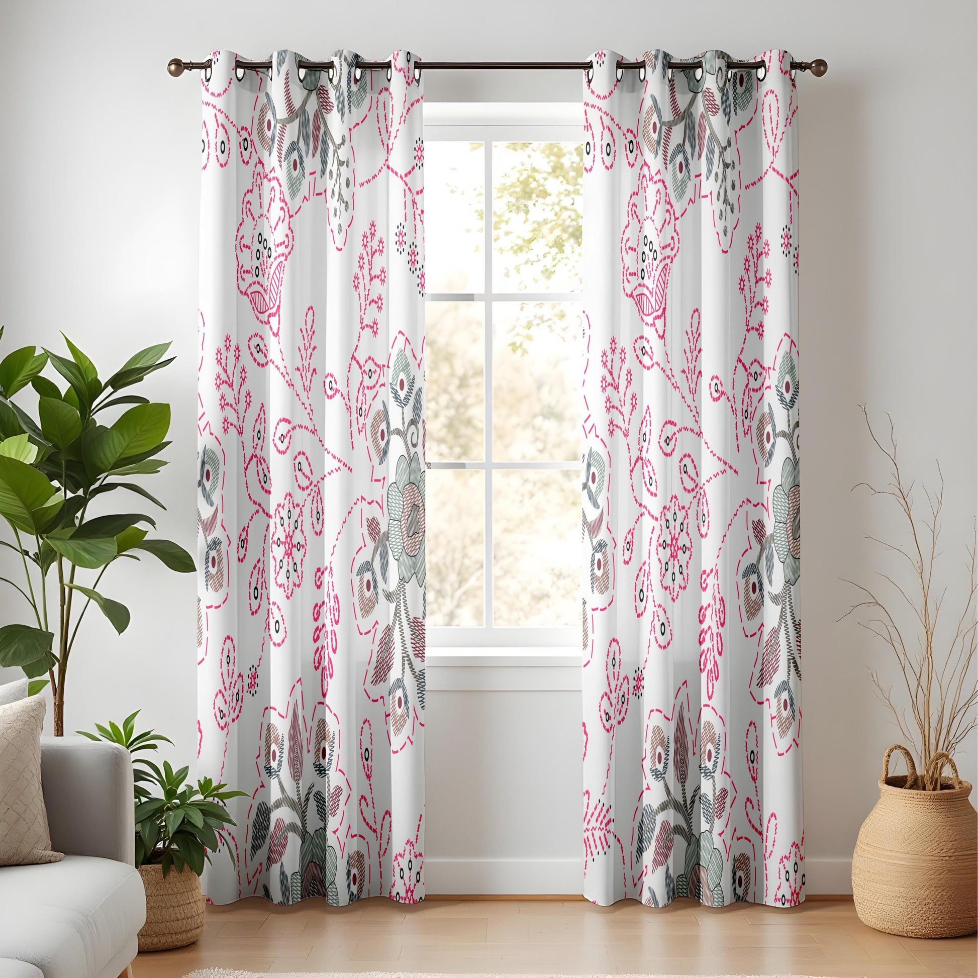 Onay Pink Suzani Floral Curtains – Embroidered Look Folk Art Drapes