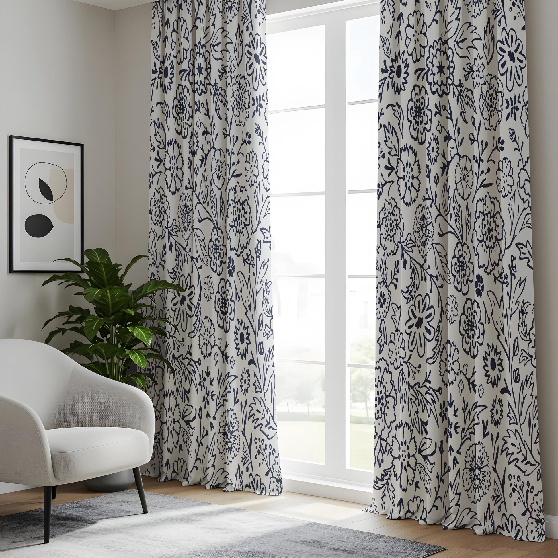 Onay Navy Blue Floral Curtains – Indigo White Botanical Drapes