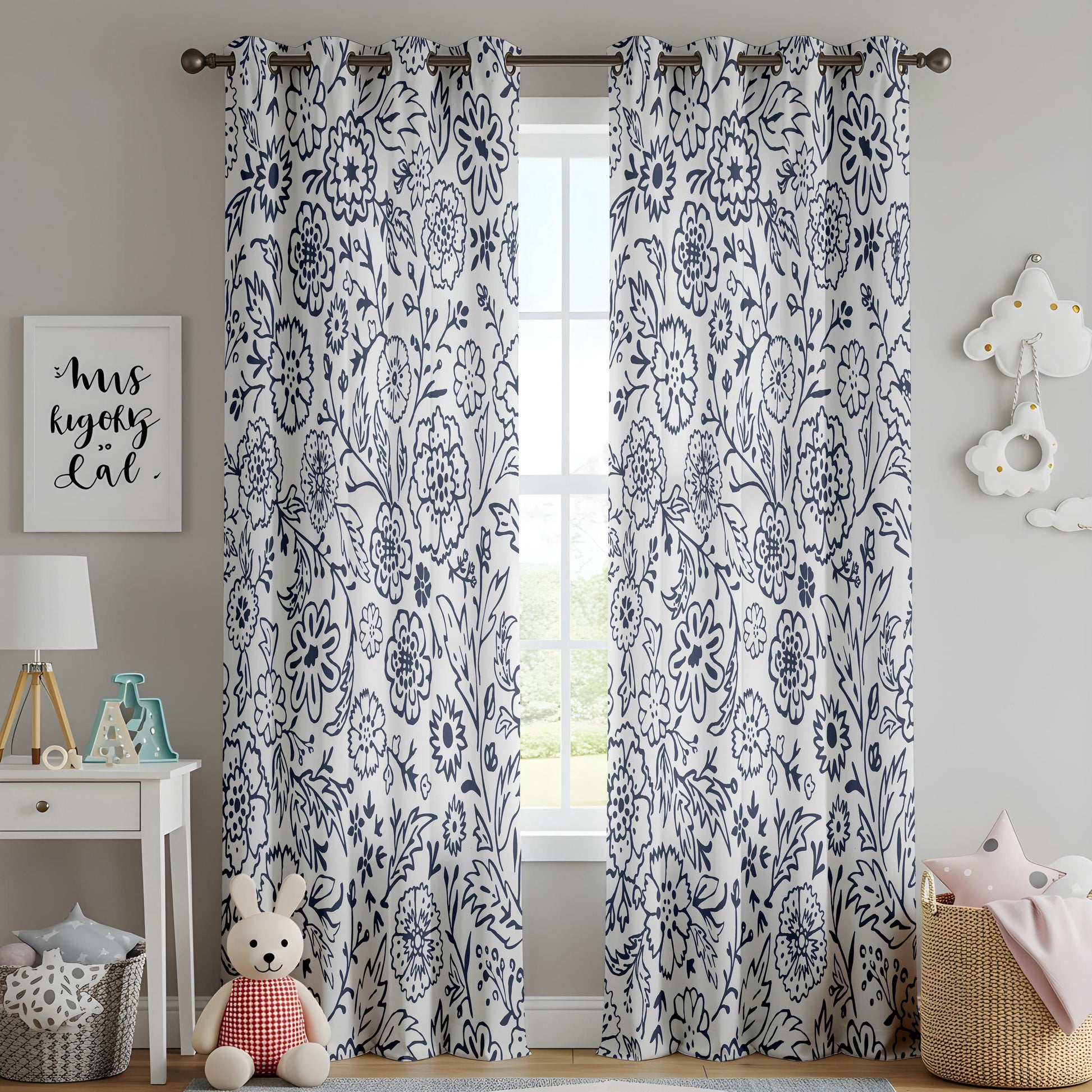Onay Navy Blue Floral Curtains – Indigo White Botanical Drapes