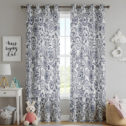 Onay Navy Blue Floral Curtains – Indigo White Botanical Drapes
