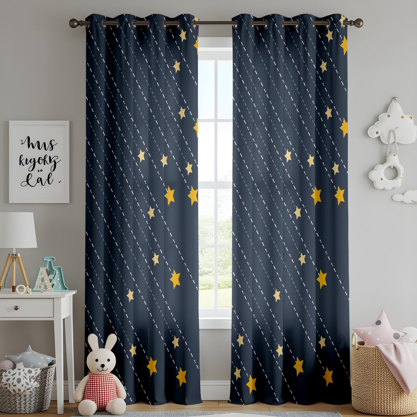 Onay Navy Blue Starry Night Curtains – Celestial Shooting Star Drapes