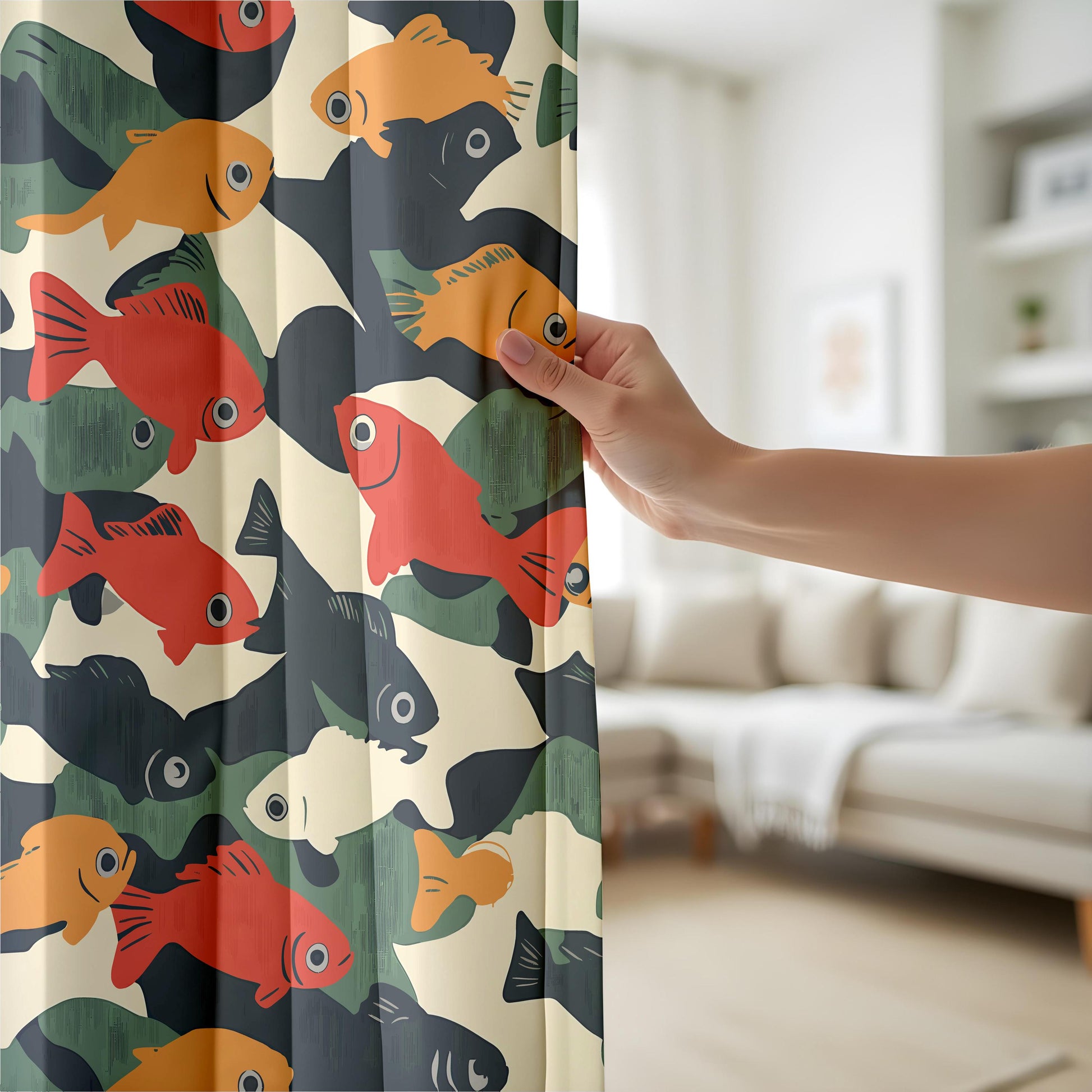 Onay Retro Fish Print Curtains – Mid Century Modern Graphic Drapes