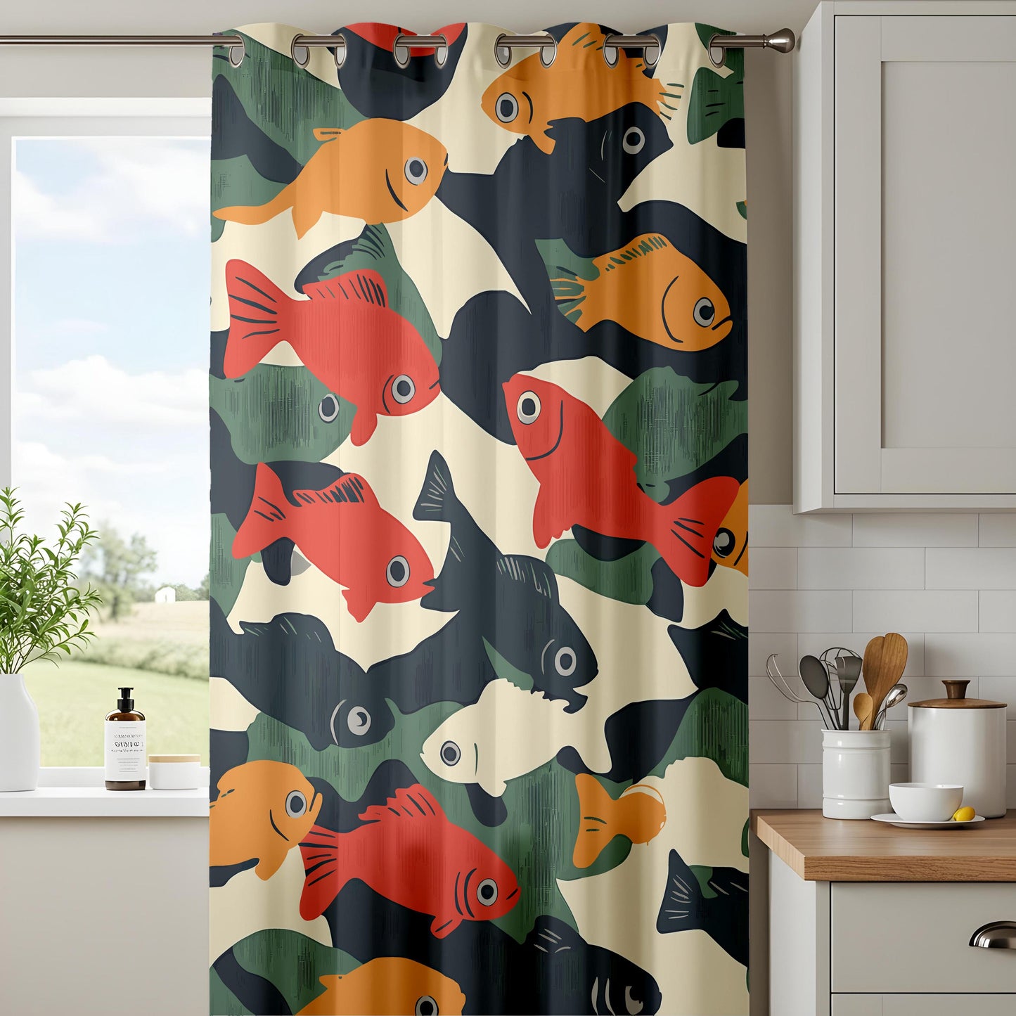 Onay Retro Fish Print Curtains – Mid Century Modern Graphic Drapes