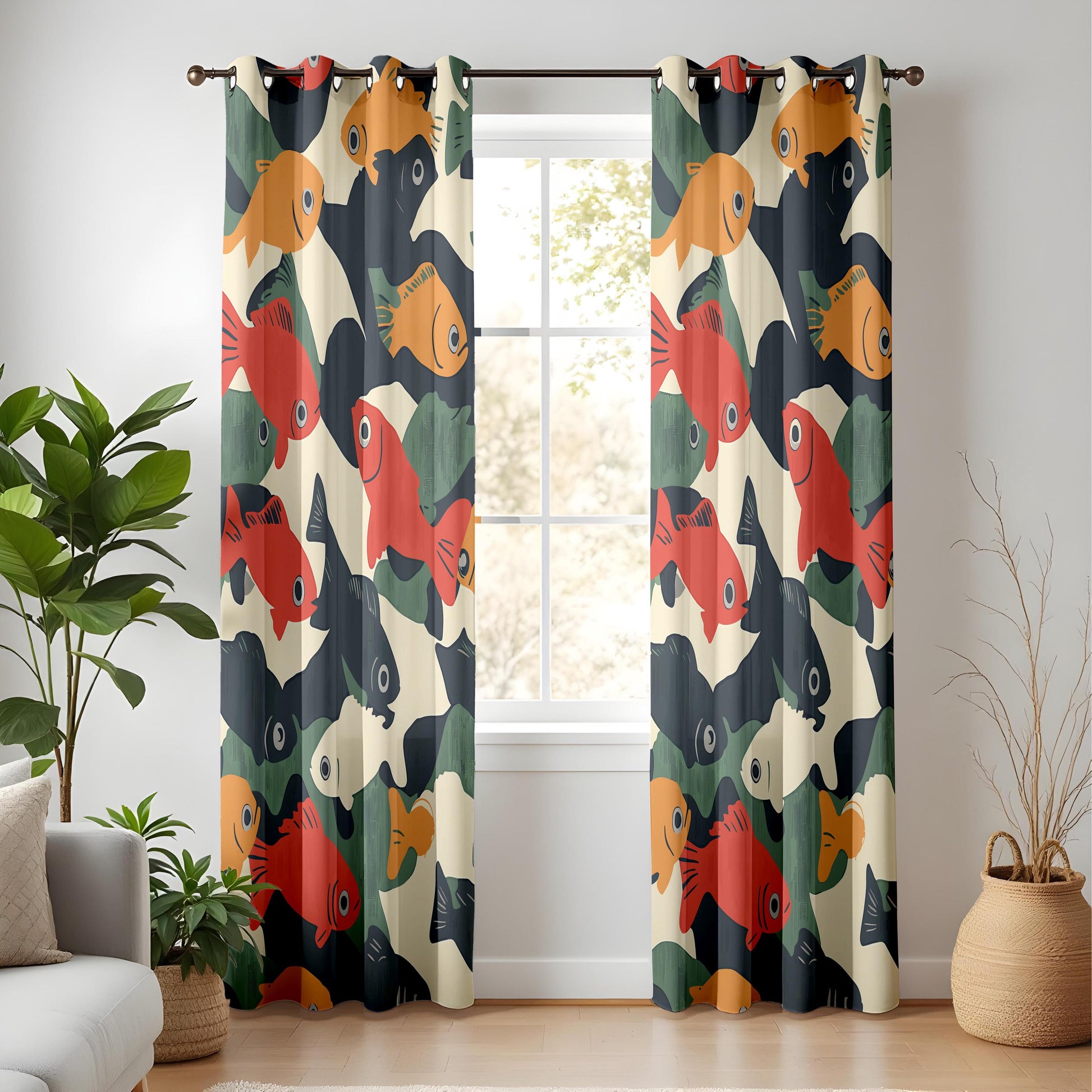Onay Retro Fish Print Curtains – Mid Century Modern Graphic Drapes