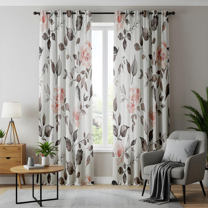 Onay Watercolor Pink Rose Curtains – Grey Floral Botanical Drapes