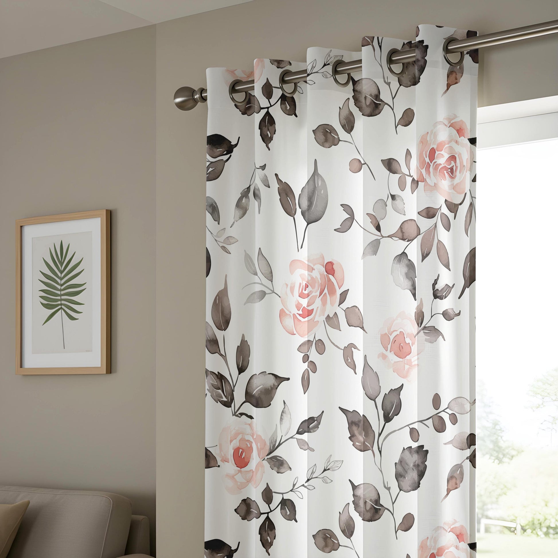 Onay Watercolor Pink Rose Curtains – Grey Floral Botanical Drapes