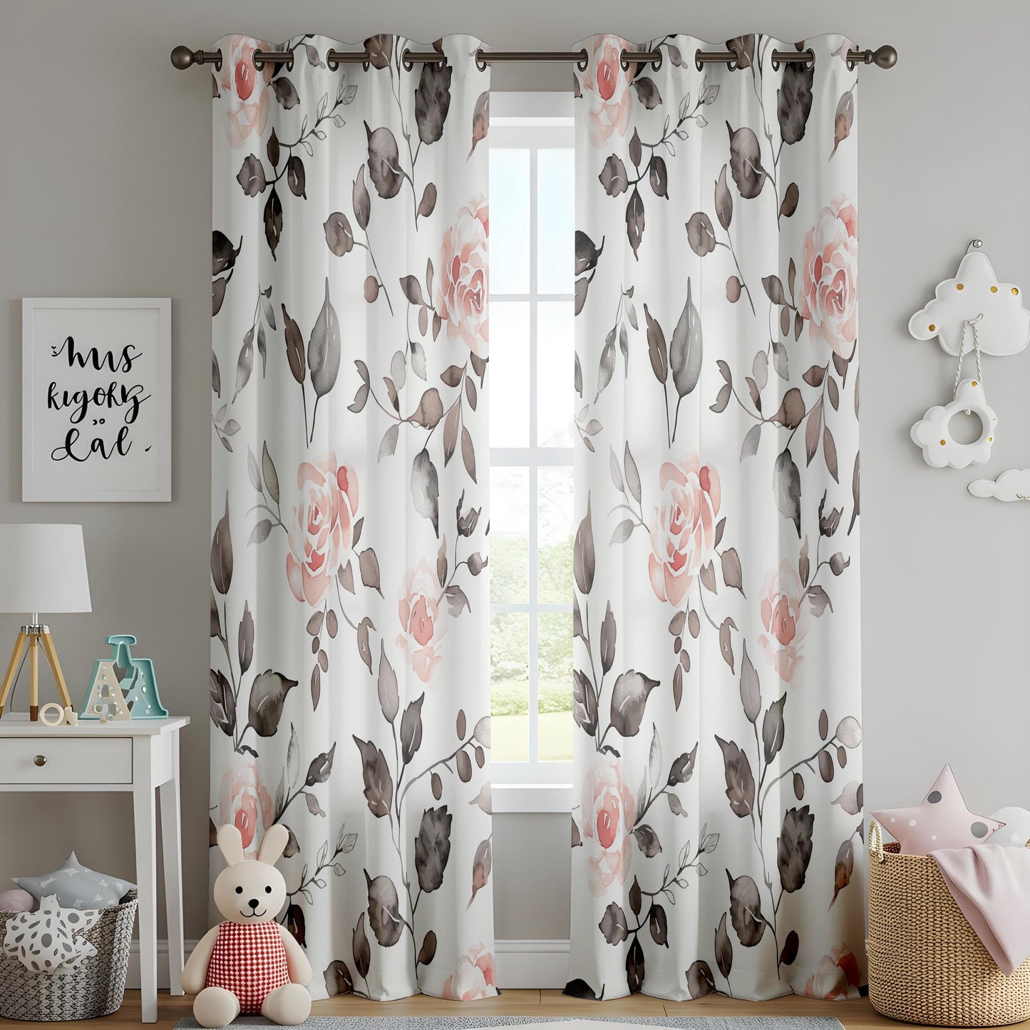 Onay Watercolor Pink Rose Curtains – Grey Floral Botanical Drapes