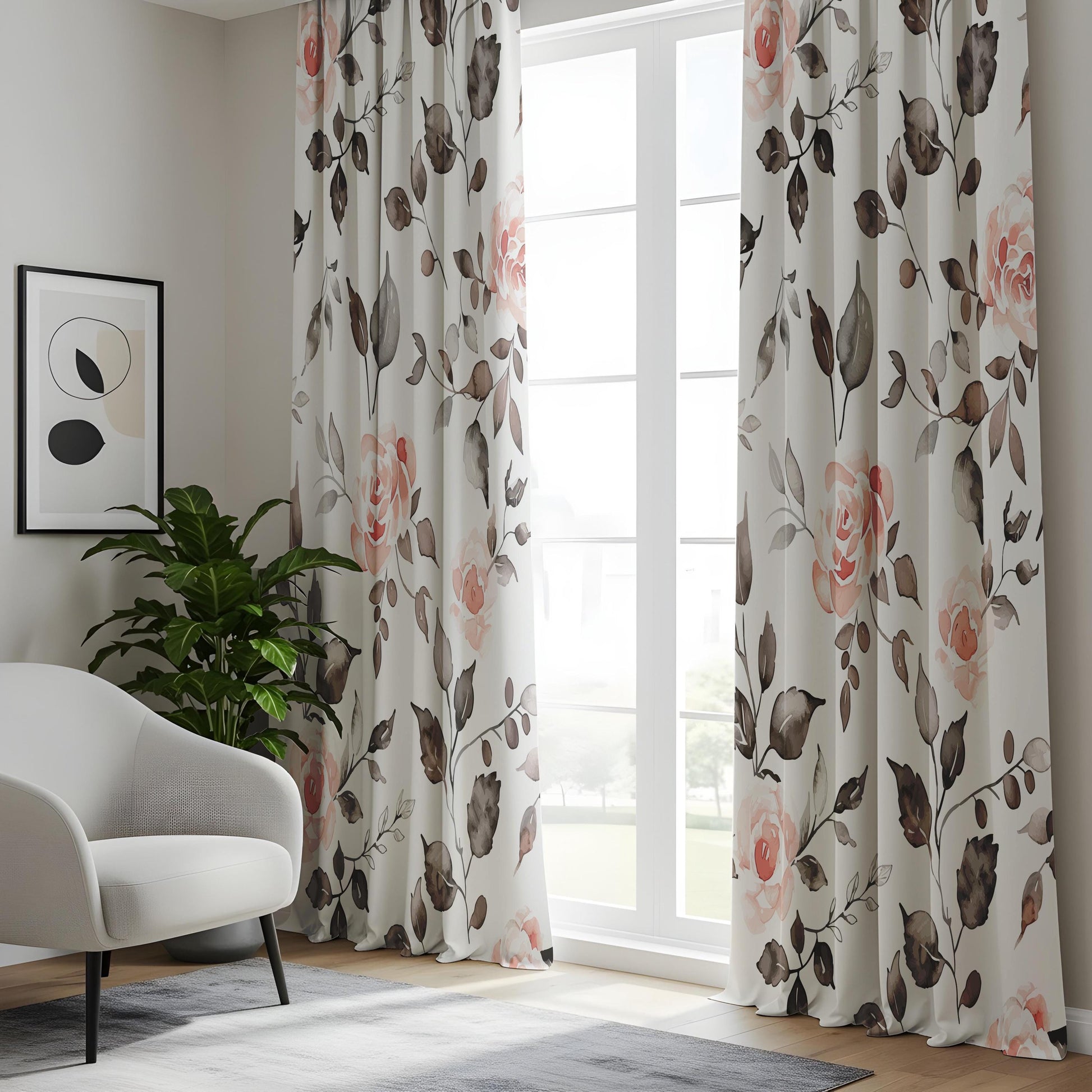 Onay Watercolor Pink Rose Curtains – Grey Floral Botanical Drapes