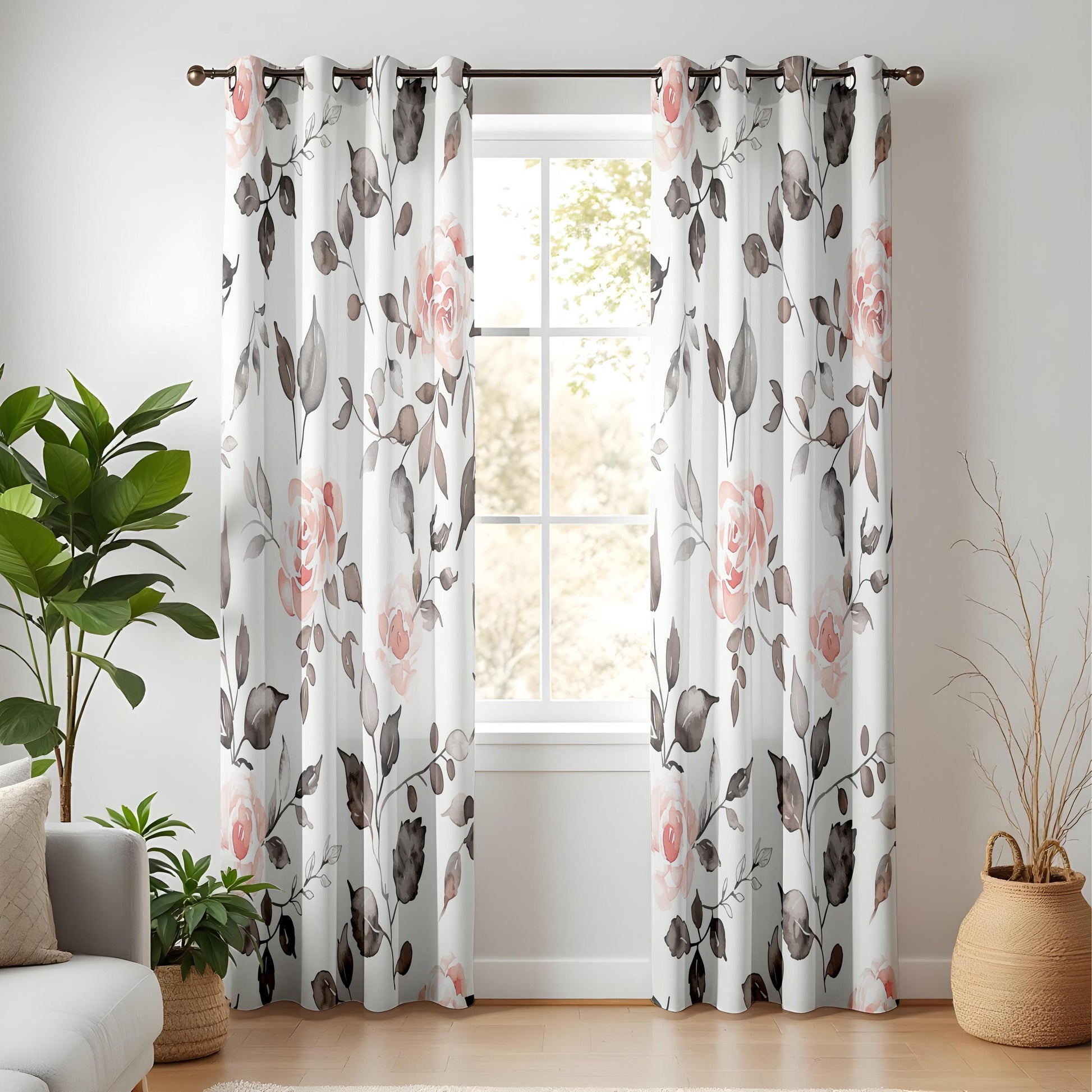 Onay Watercolor Pink Rose Curtains – Grey Floral Botanical Drapes