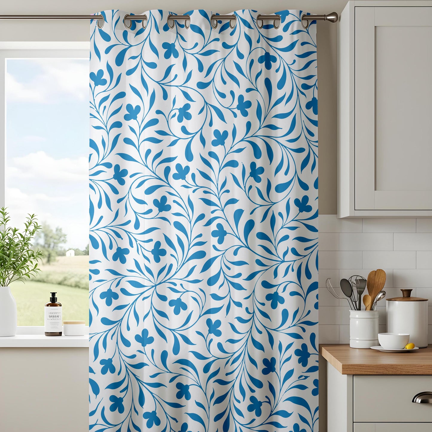 Onay Bright Blue Vine Curtains – White Coastal Botanical Drapes
