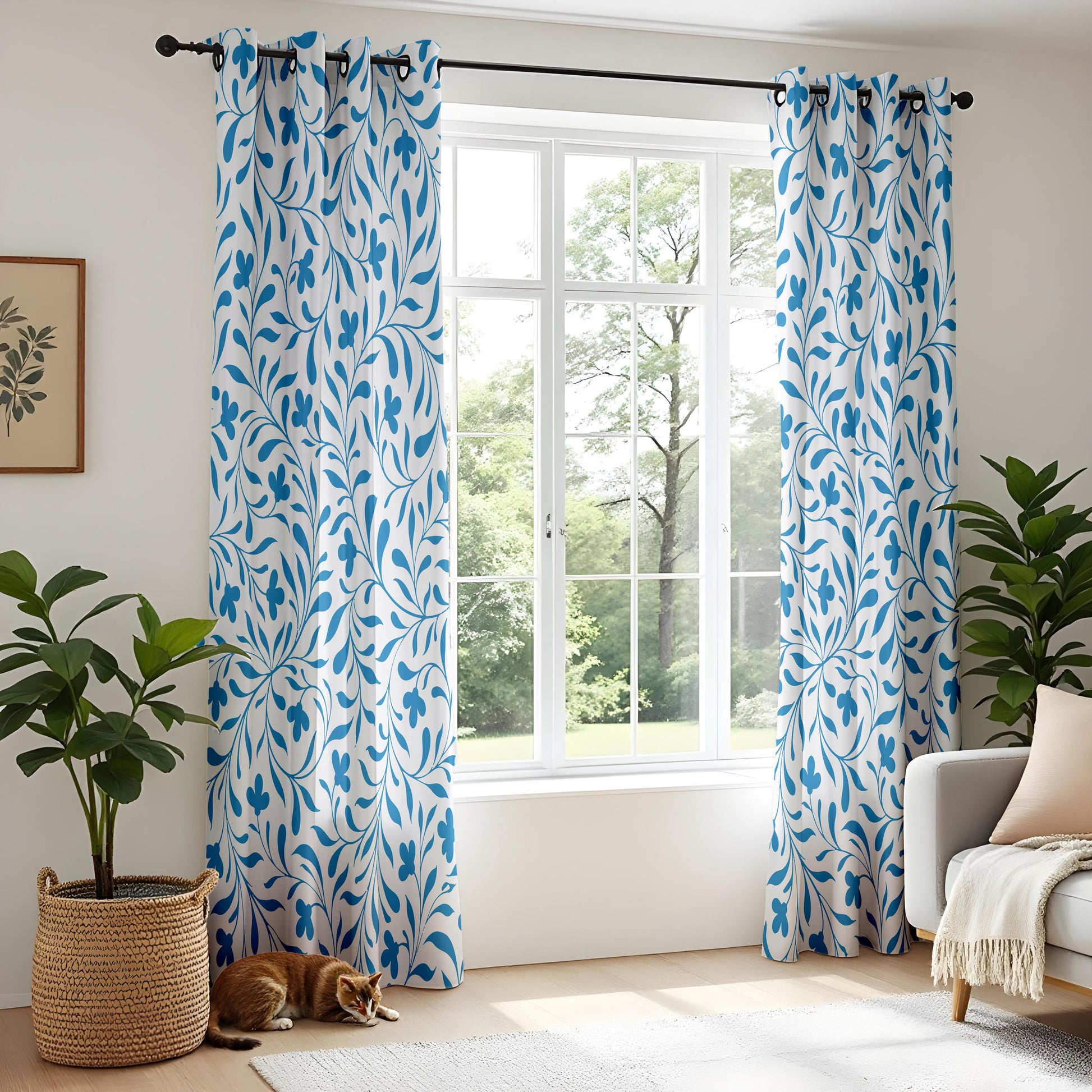 Onay Bright Blue Vine Curtains – White Coastal Botanical Drapes
