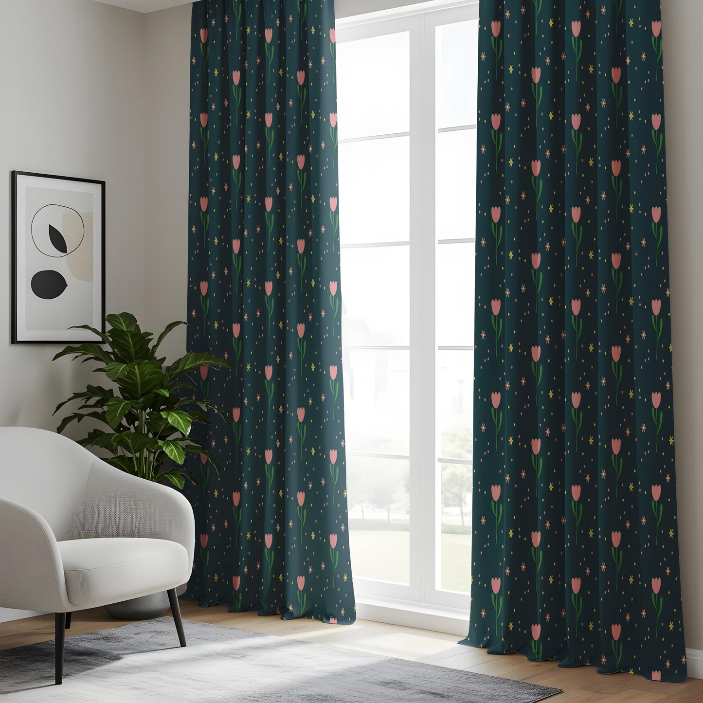 Onay Dark Teal Pink Tulip Curtains – Whimsical Ditsy Floral Drapes