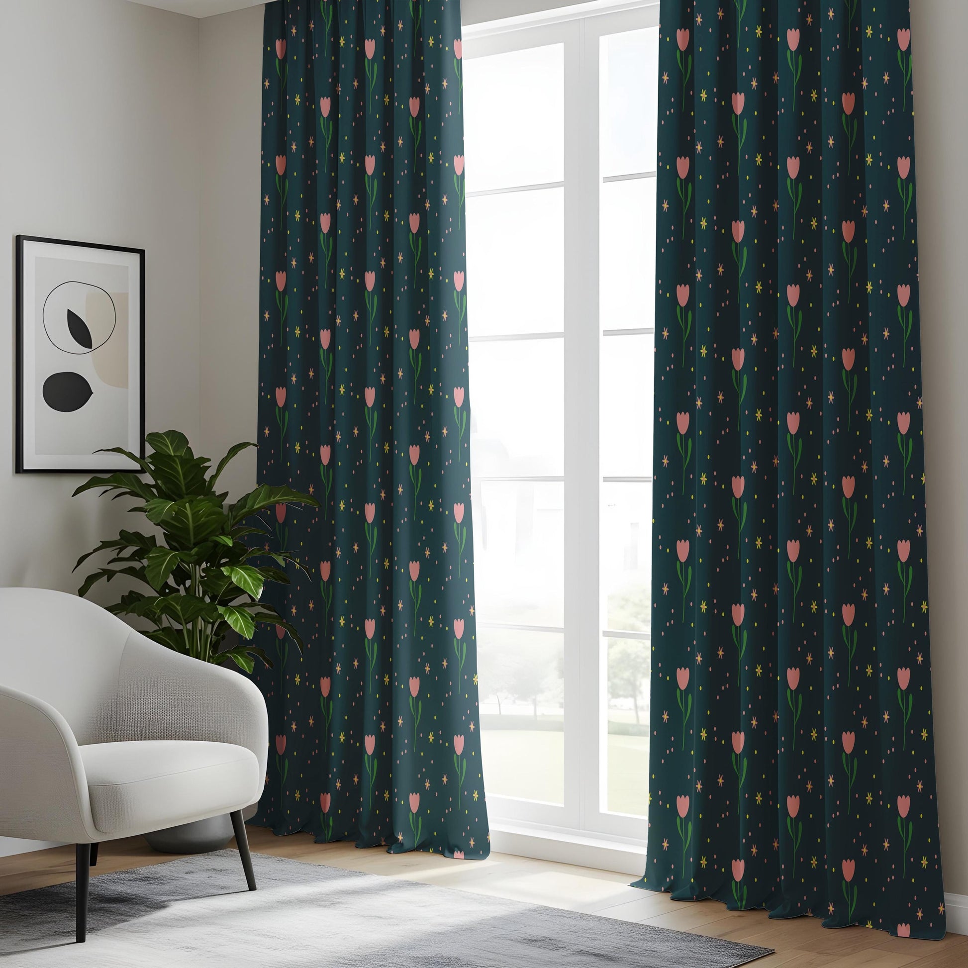 Onay Dark Teal Pink Tulip Curtains – Whimsical Ditsy Floral Drapes