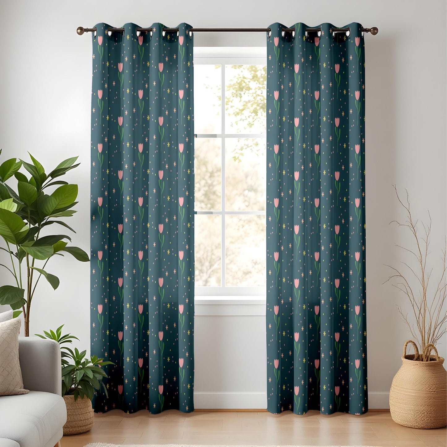 Onay Dark Teal Pink Tulip Curtains – Whimsical Ditsy Floral Drapes