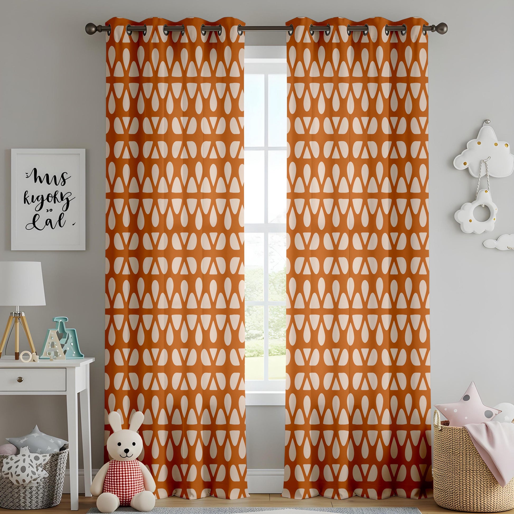 Onay Burnt Orange Geometric Curtains – Mid Century Modern Drapes