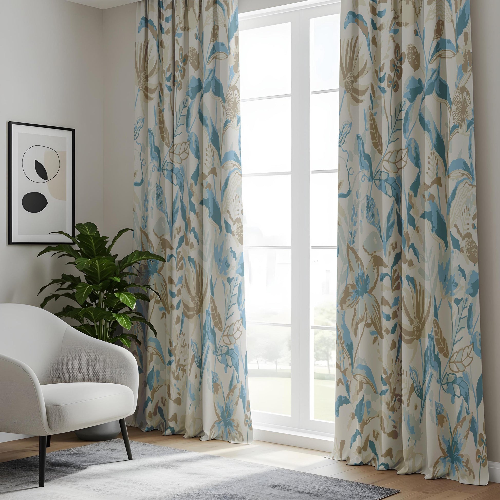 Onay Soft Blue Floral Curtains – Beige Botanical Drapes