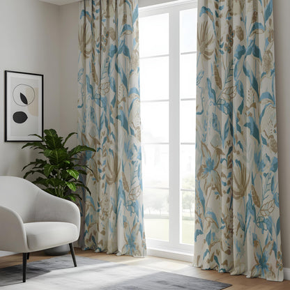 Onay Soft Blue Floral Curtains – Beige Botanical Drapes
