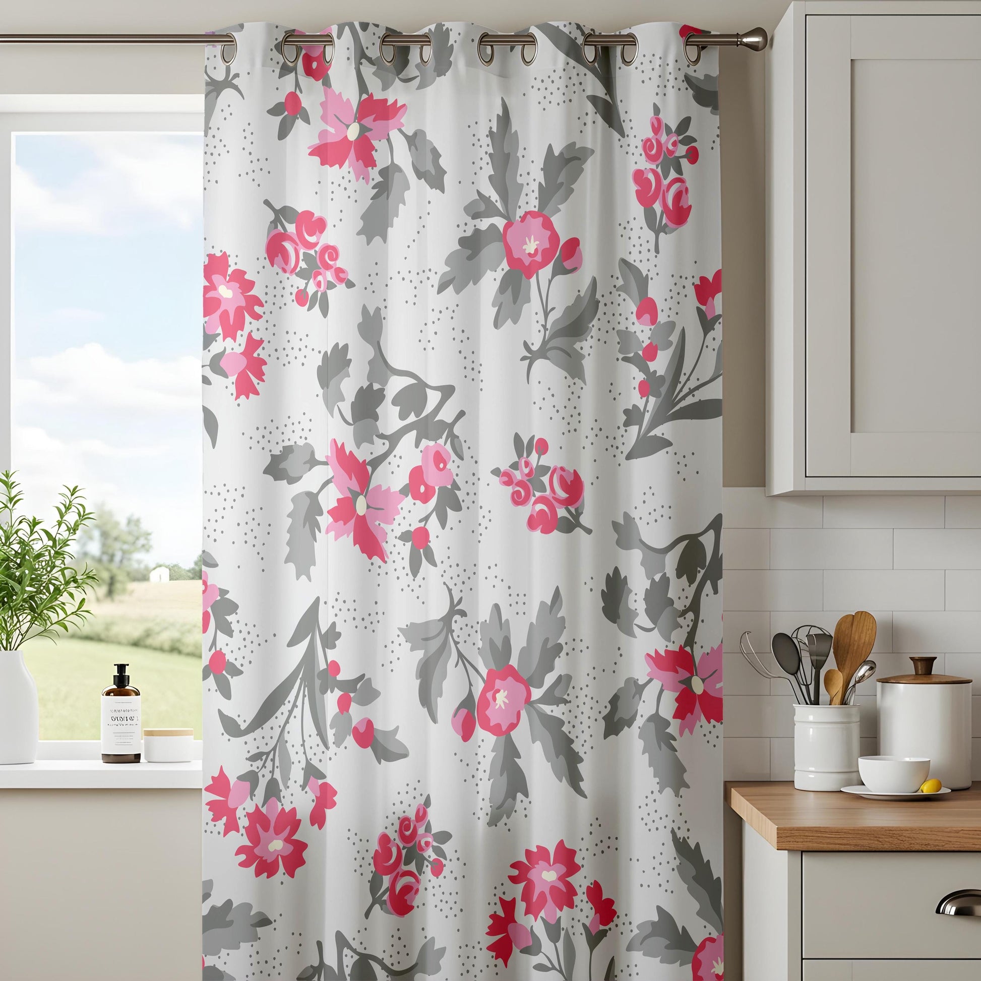 Onay Fuchsia Pink Floral Curtains – Grey and Coral Botanical Drapes