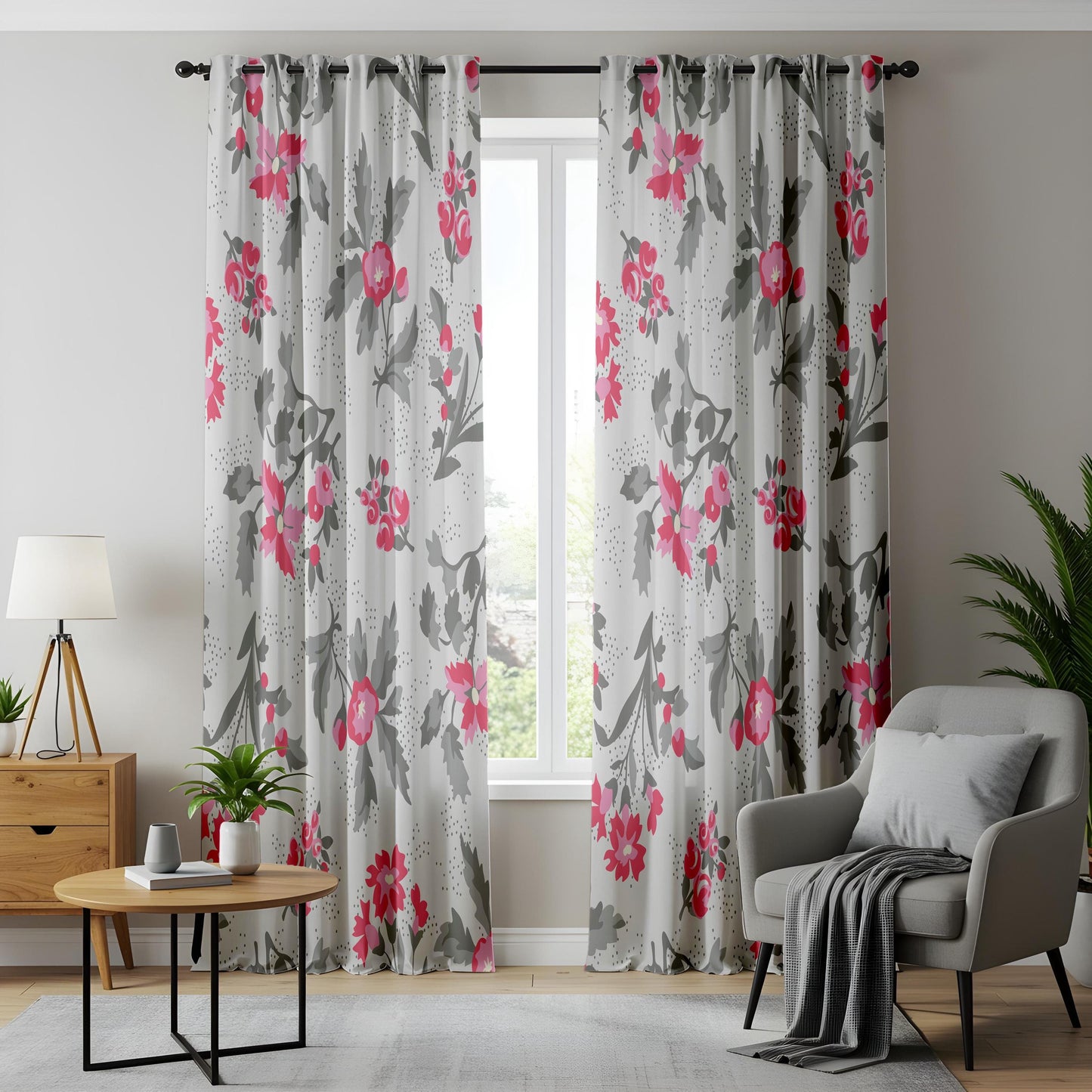 Onay Fuchsia Pink Floral Curtains – Grey and Coral Botanical Drapes