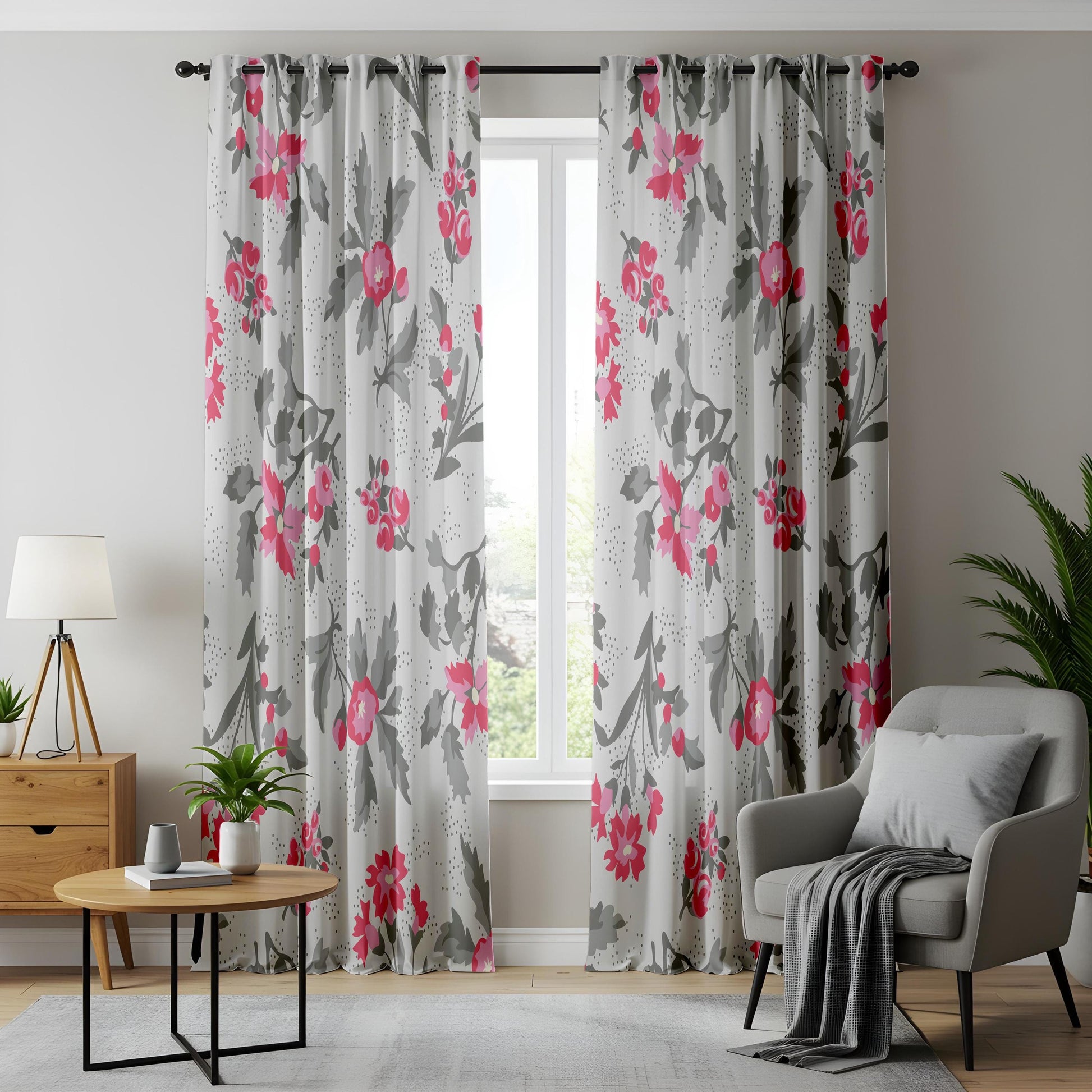Onay Fuchsia Pink Floral Curtains – Grey and Coral Botanical Drapes