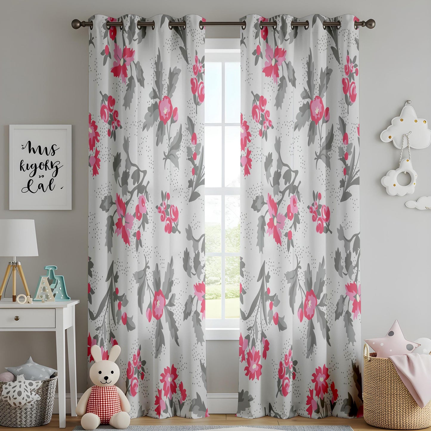 Onay Fuchsia Pink Floral Curtains – Grey and Coral Botanical Drapes