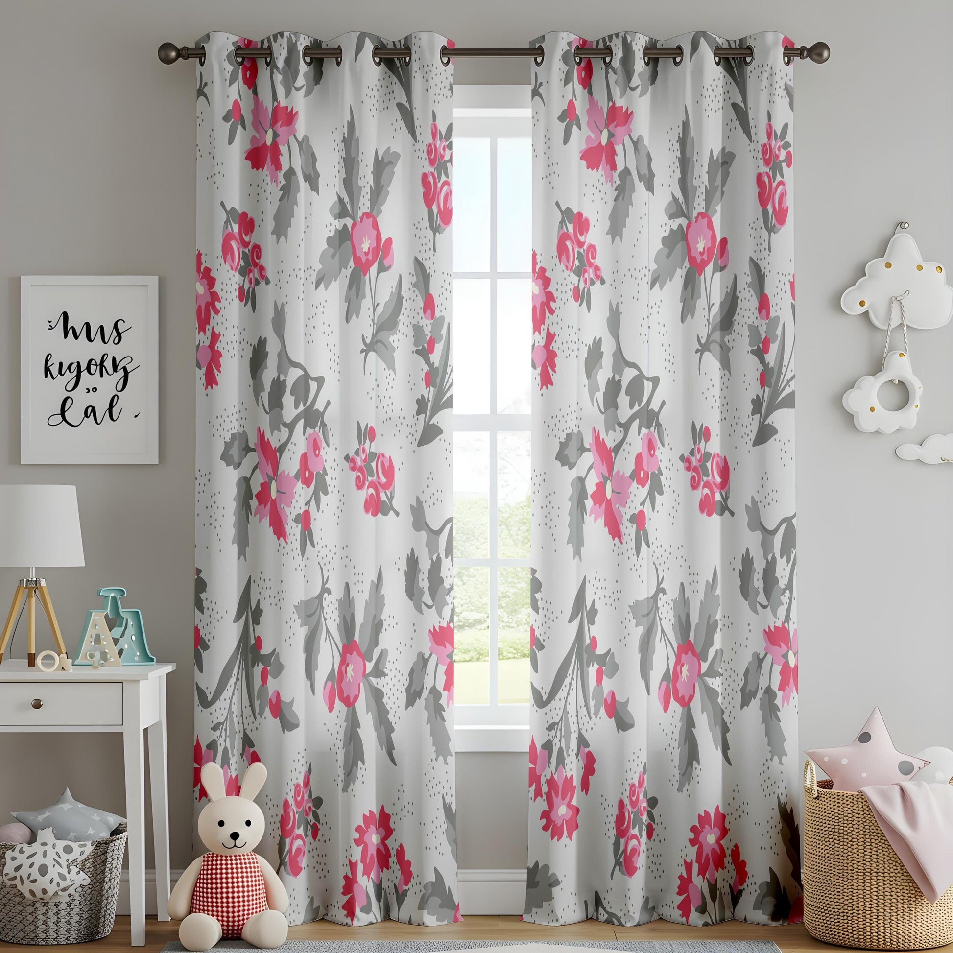 Onay Fuchsia Pink Floral Curtains – Grey and Coral Botanical Drapes